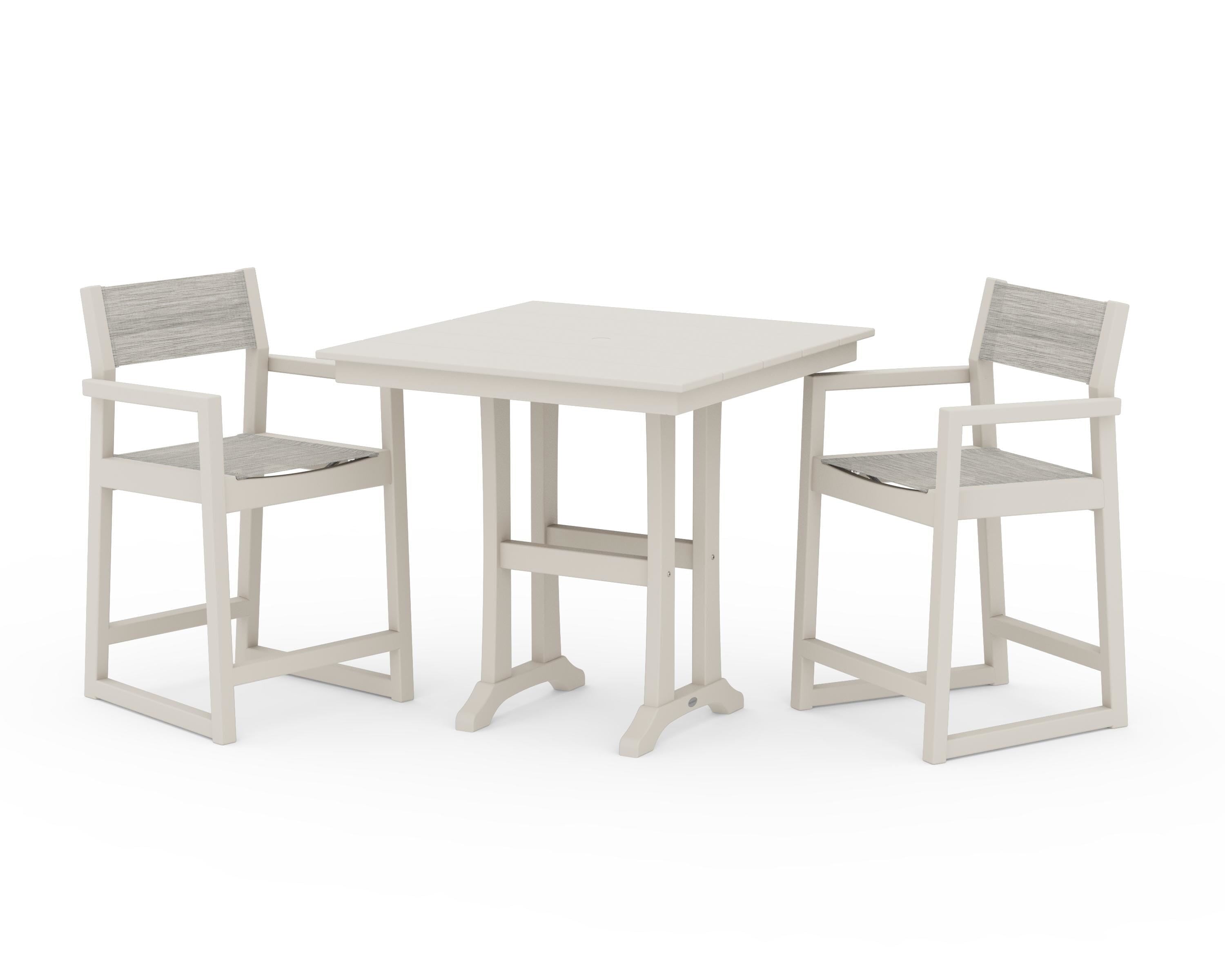 POLYWOOD EDGE Sling Arm Chair 3-Piece Farmhouse Counter Set with Trestle Legs in Sand / Birch Sling