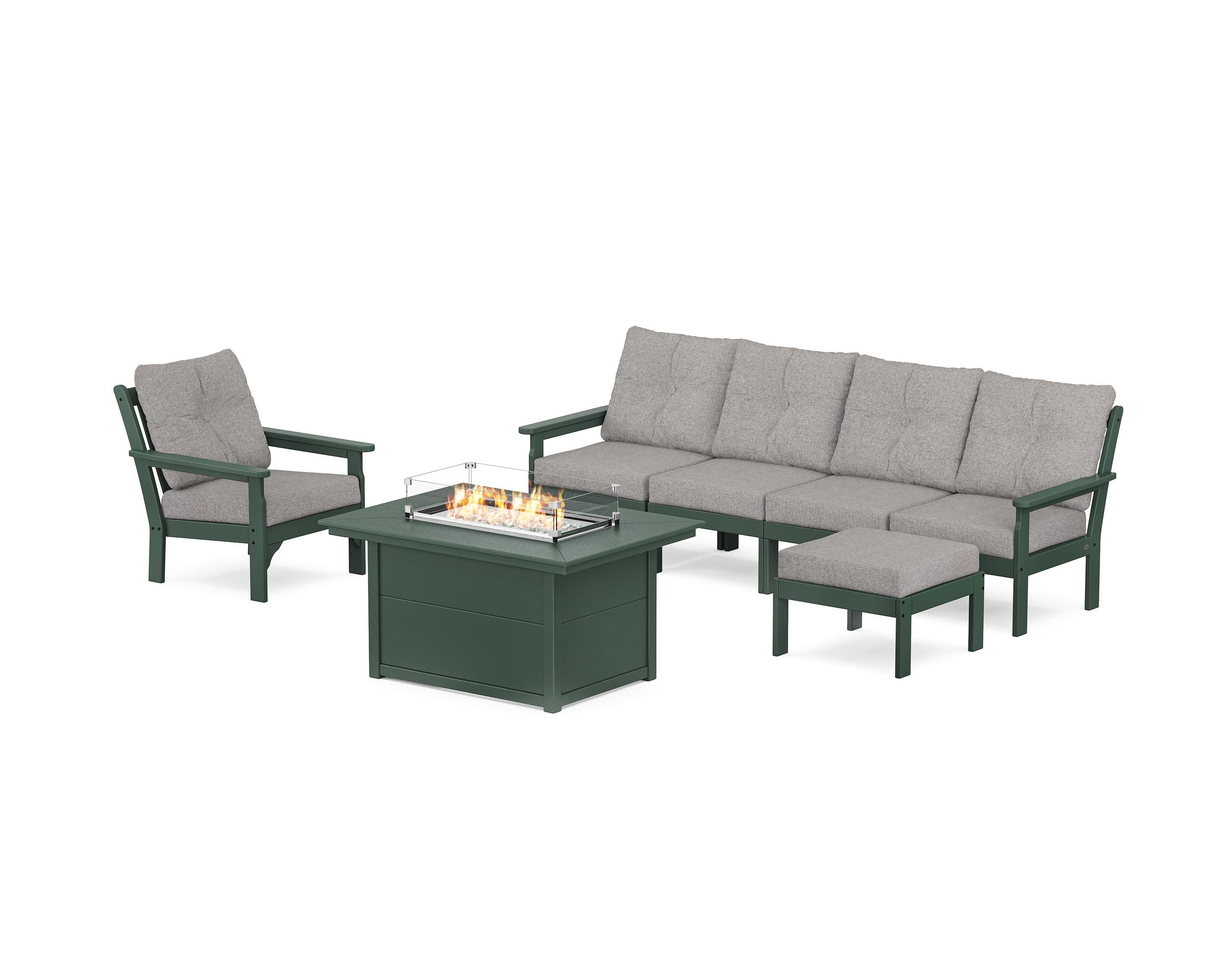 POLYWOOD Vineyard Sectional Lounge and Fire Pit Set in Green / Grey Mist