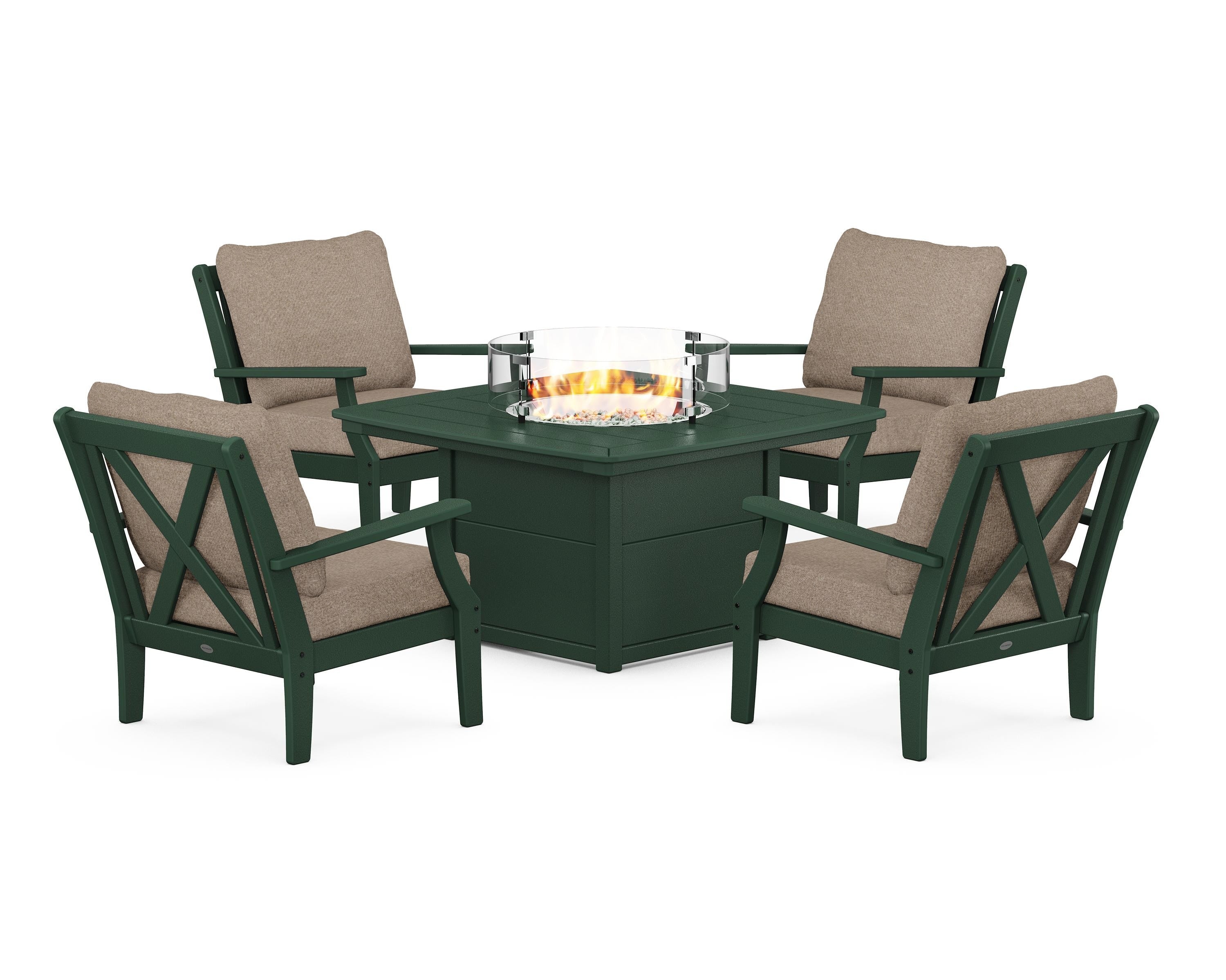 POLYWOOD Braxton 5-Piece Deep Seating Conversation Set with Fire Pit Table in Green / Spiced Burlap