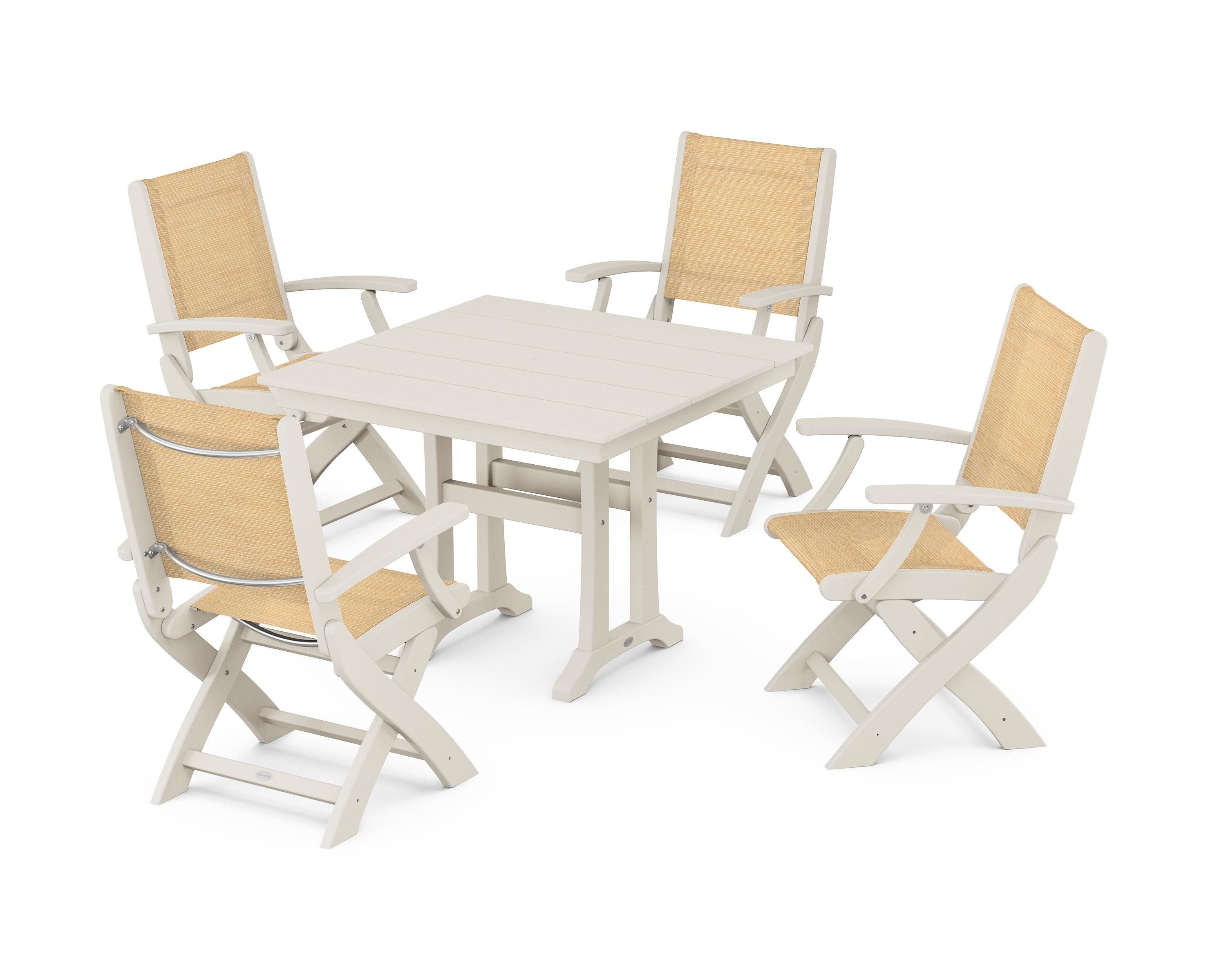 POLYWOOD Coastal Folding Chair 5-Piece Farmhouse Dining Set With Trestle Legs in Sand / Dupioni Apricot Sling