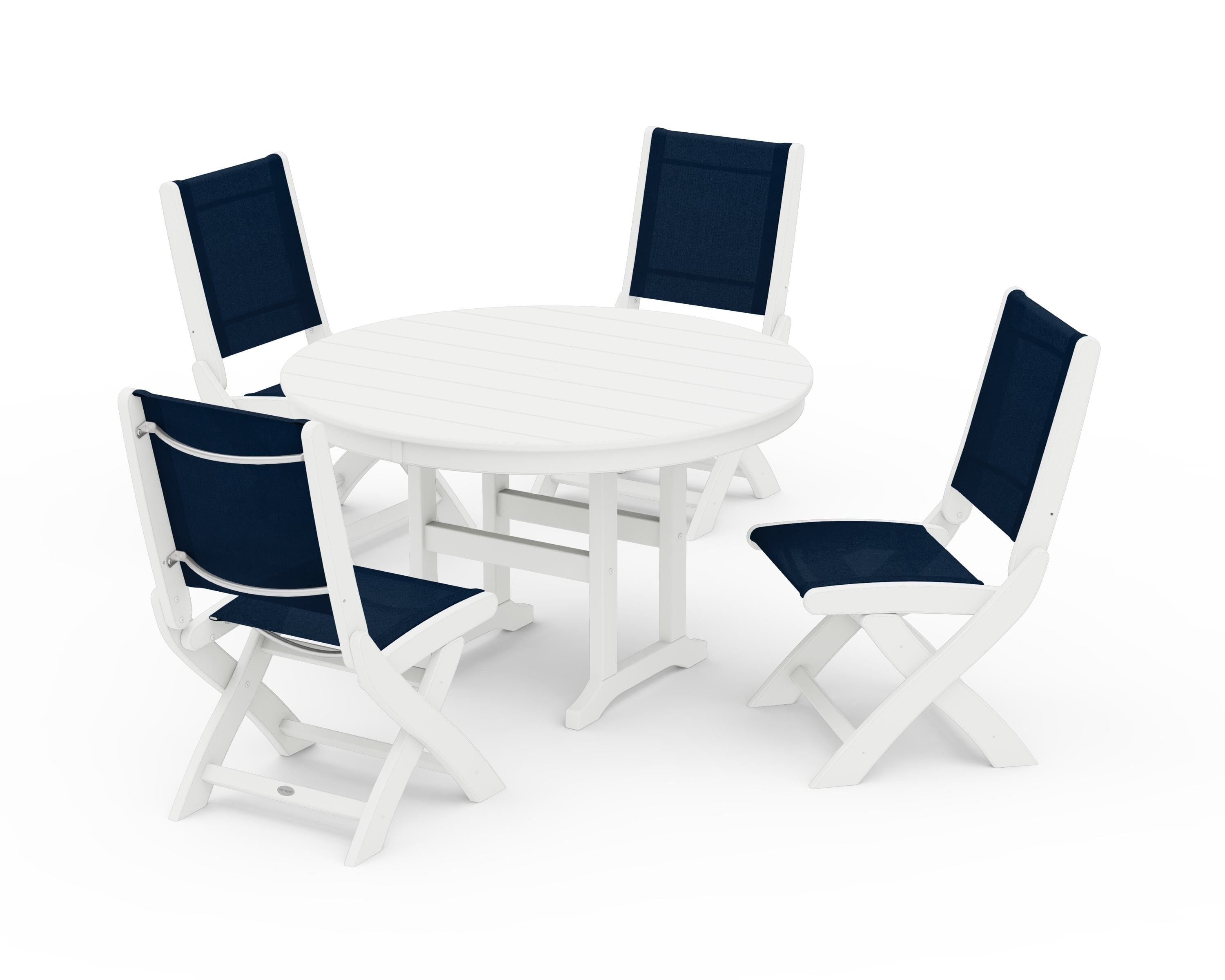 POLYWOOD Coastal Folding Side Chair 5-Piece Round Dining Set in White / Navy Blue Sling