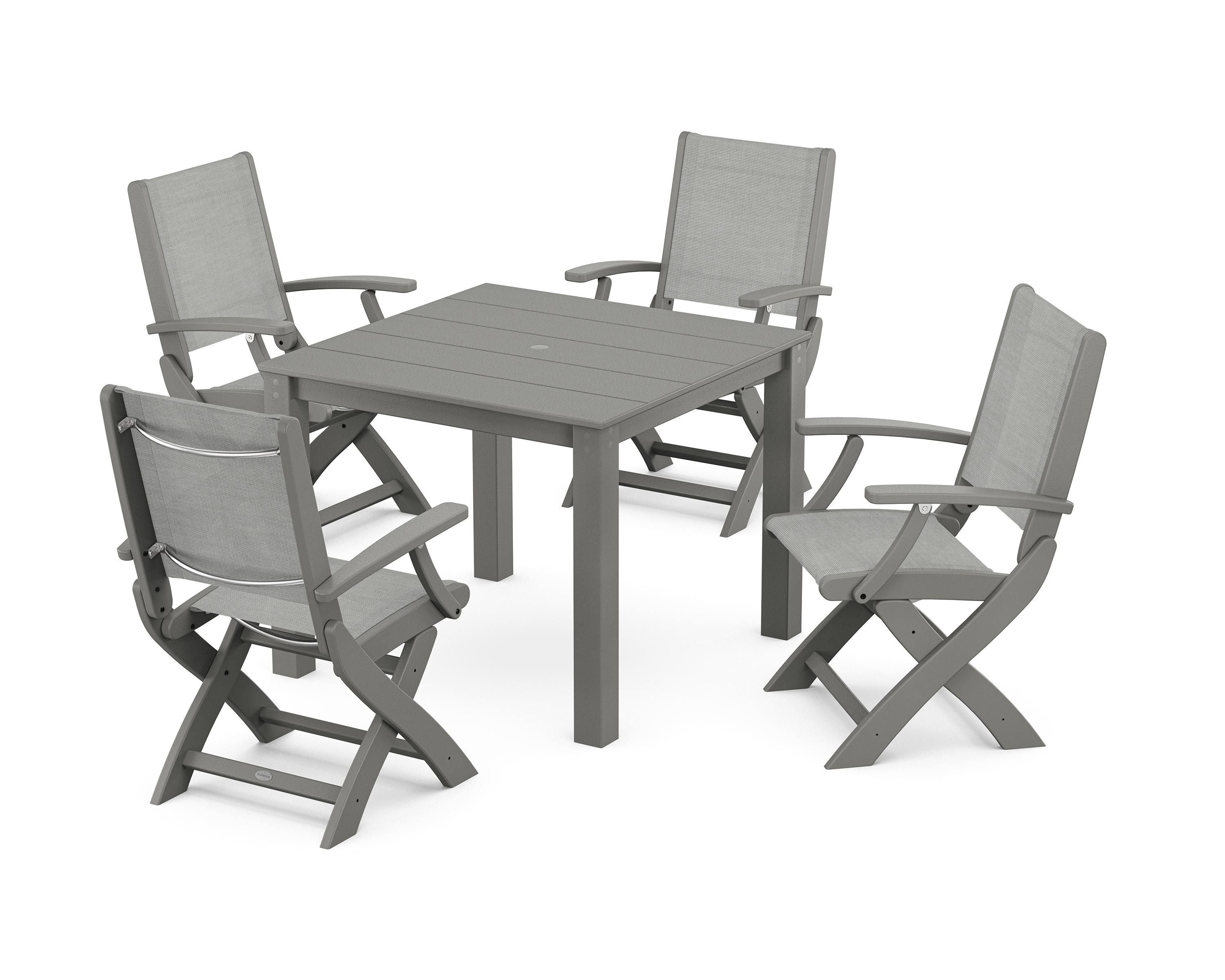 POLYWOOD Coastal Folding Chair 5-Piece Parsons Dining Set in Slate Grey / Metallic Sling