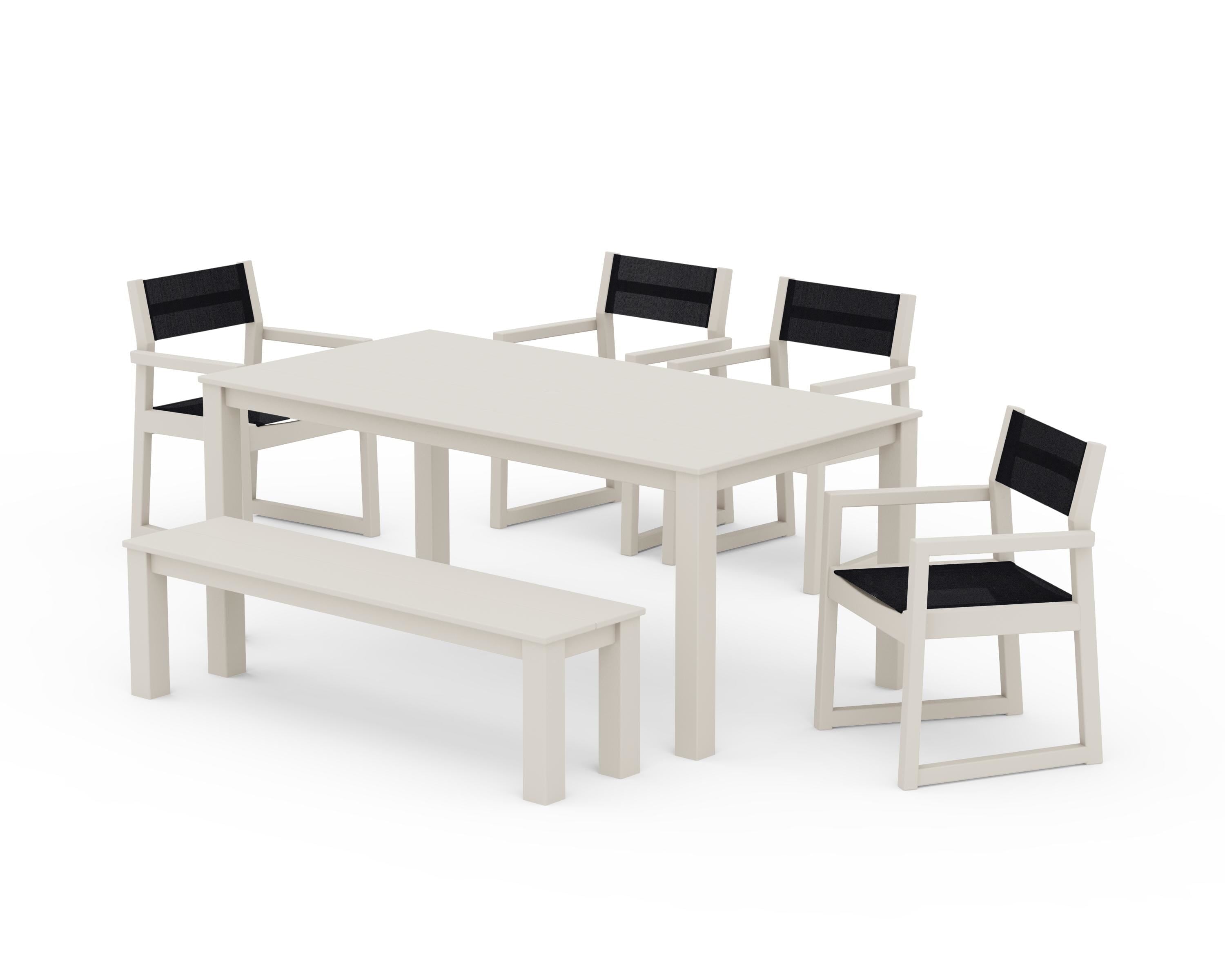 POLYWOOD EDGE Sling Arm Chair 6-Piece Parsons Dining Set with Bench in Sand / Black Sling