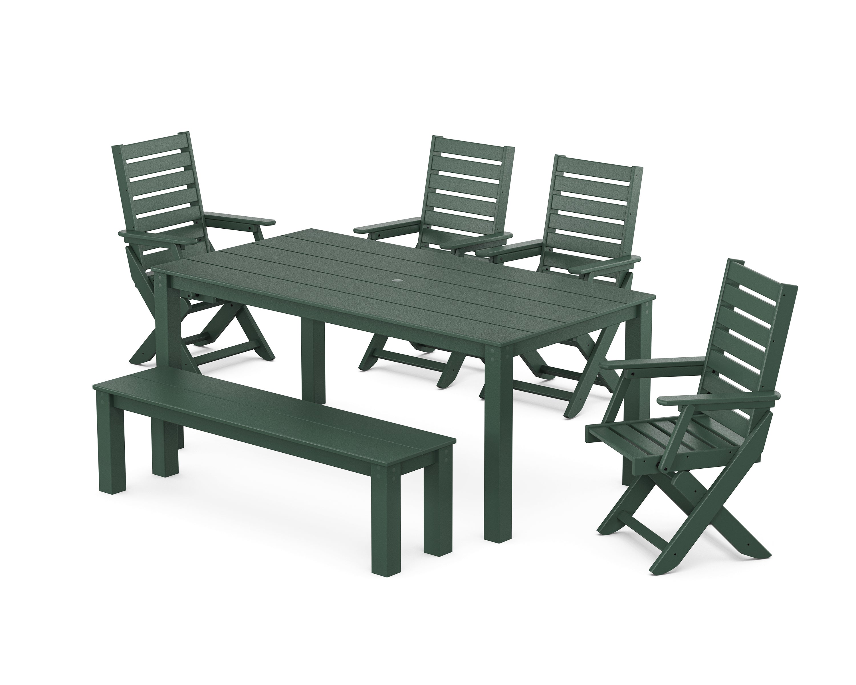 POLYWOOD Captain Folding Chair 6-Piece Parsons Dining Set with Bench in Green