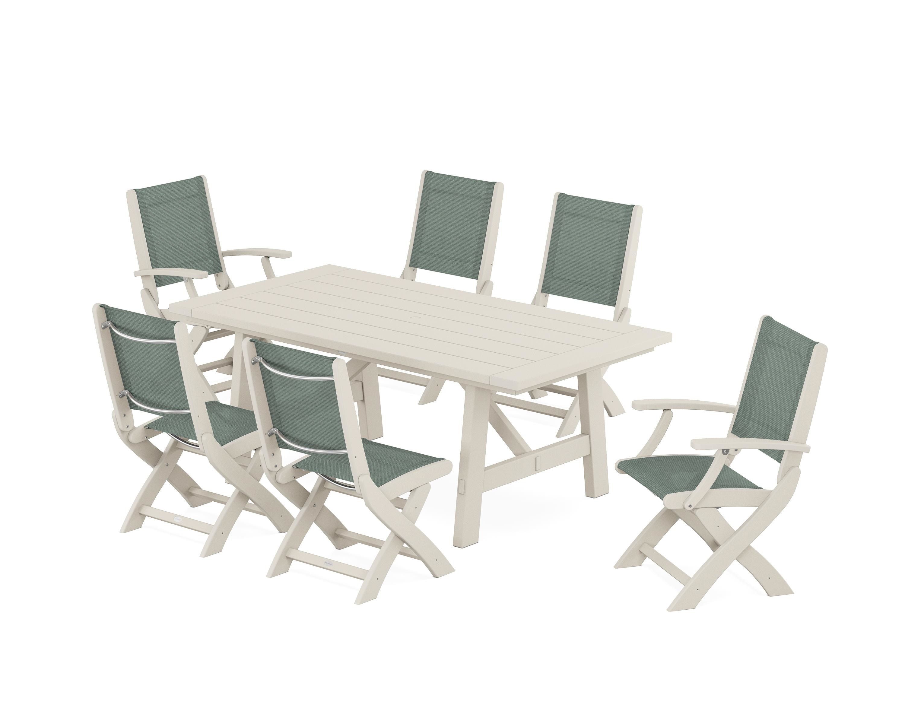 POLYWOOD Coastal Folding Chair 7-Piece Rustic Farmhouse Dining Set in Sand / Dupioni Sea Mist Sling