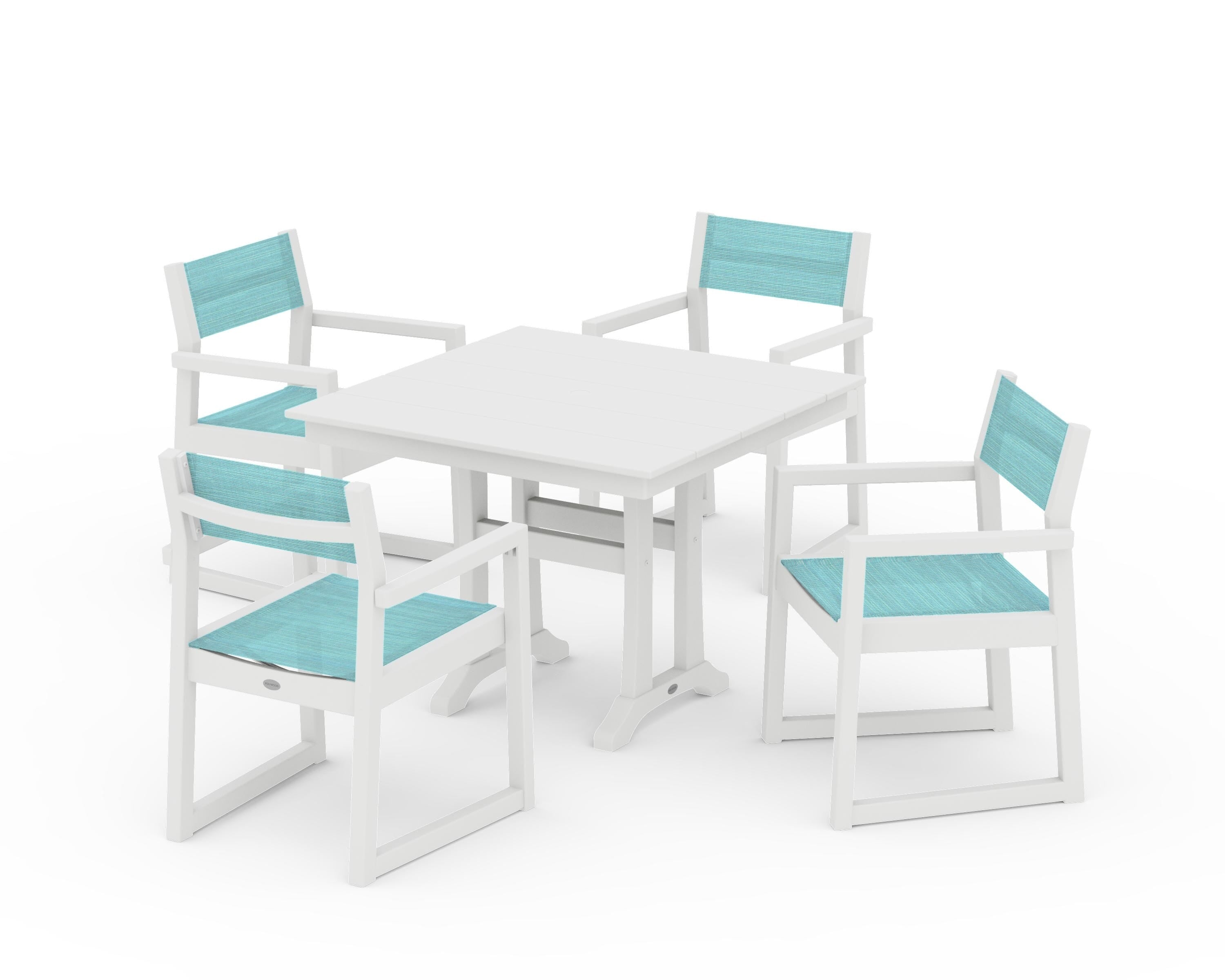 POLYWOOD EDGE Sling 5-Piece Farmhouse Dining Set with Trestle Legs in White / Dupioni Aquamarine Sling