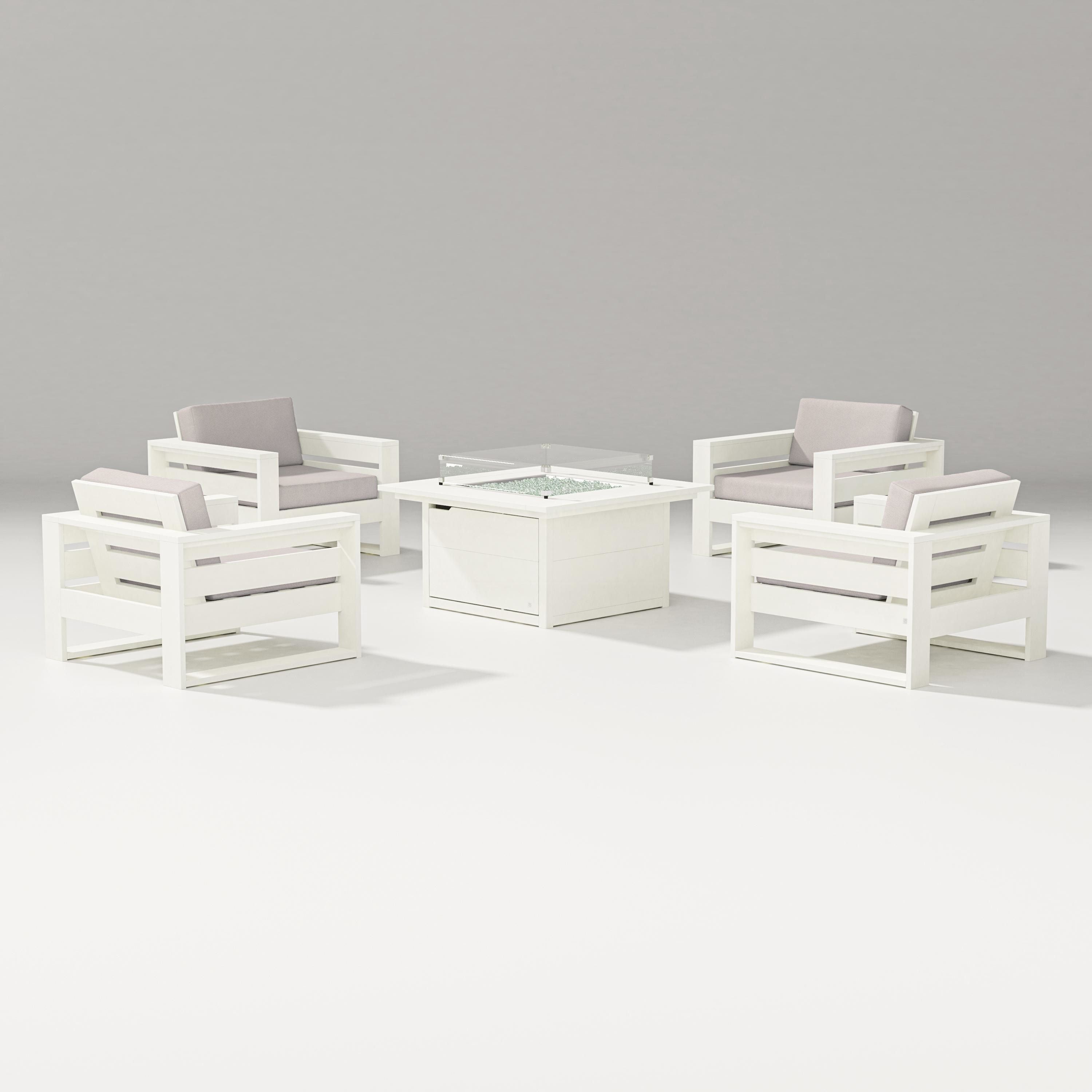 PW Designer Series Latitude 5-Piece Lounge Fire Table Set in Vintage White / Dune Burlap