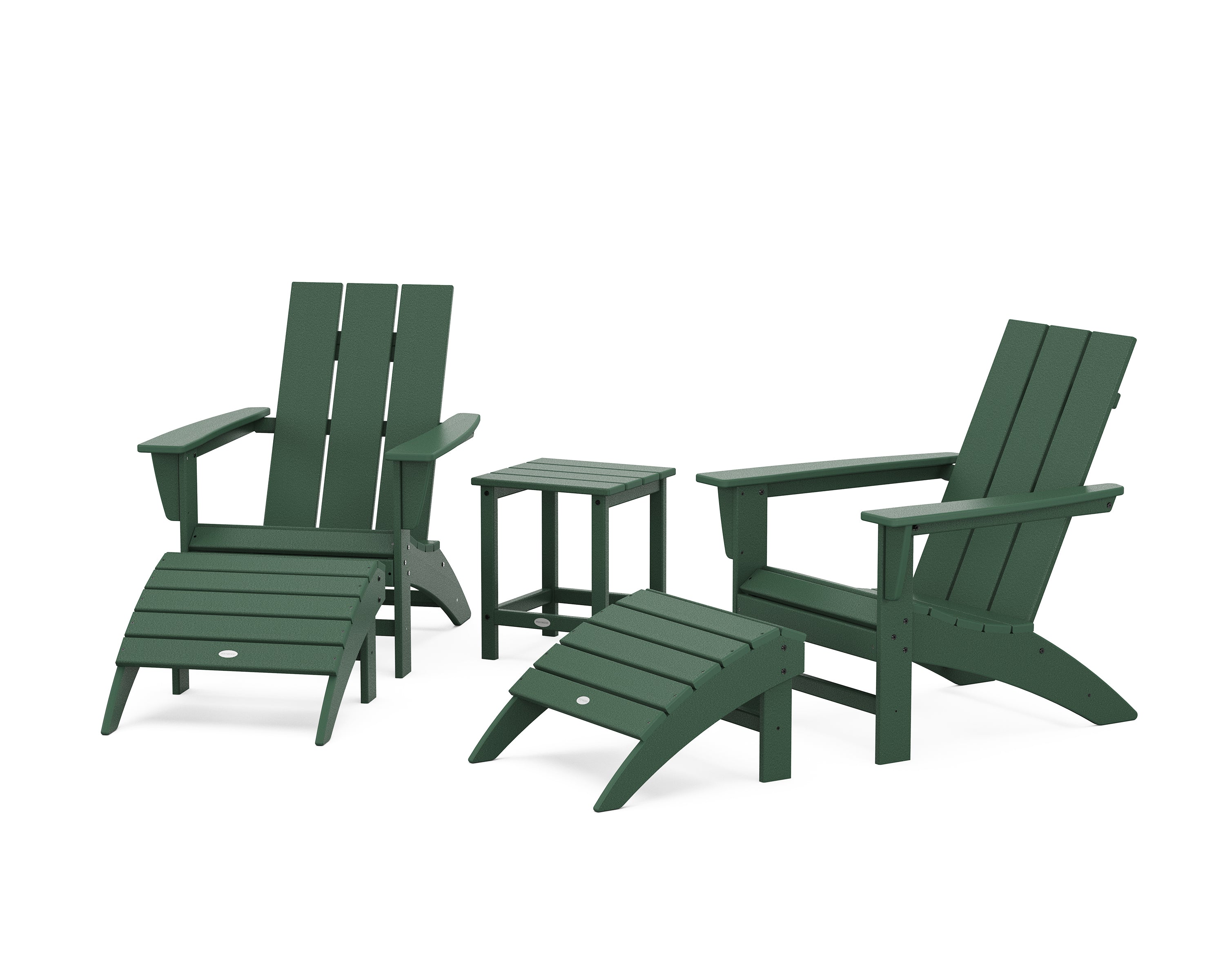 POLYWOOD® Modern Adirondack Chair 5-Piece Set with Ottomans and 18" Side Table in Green