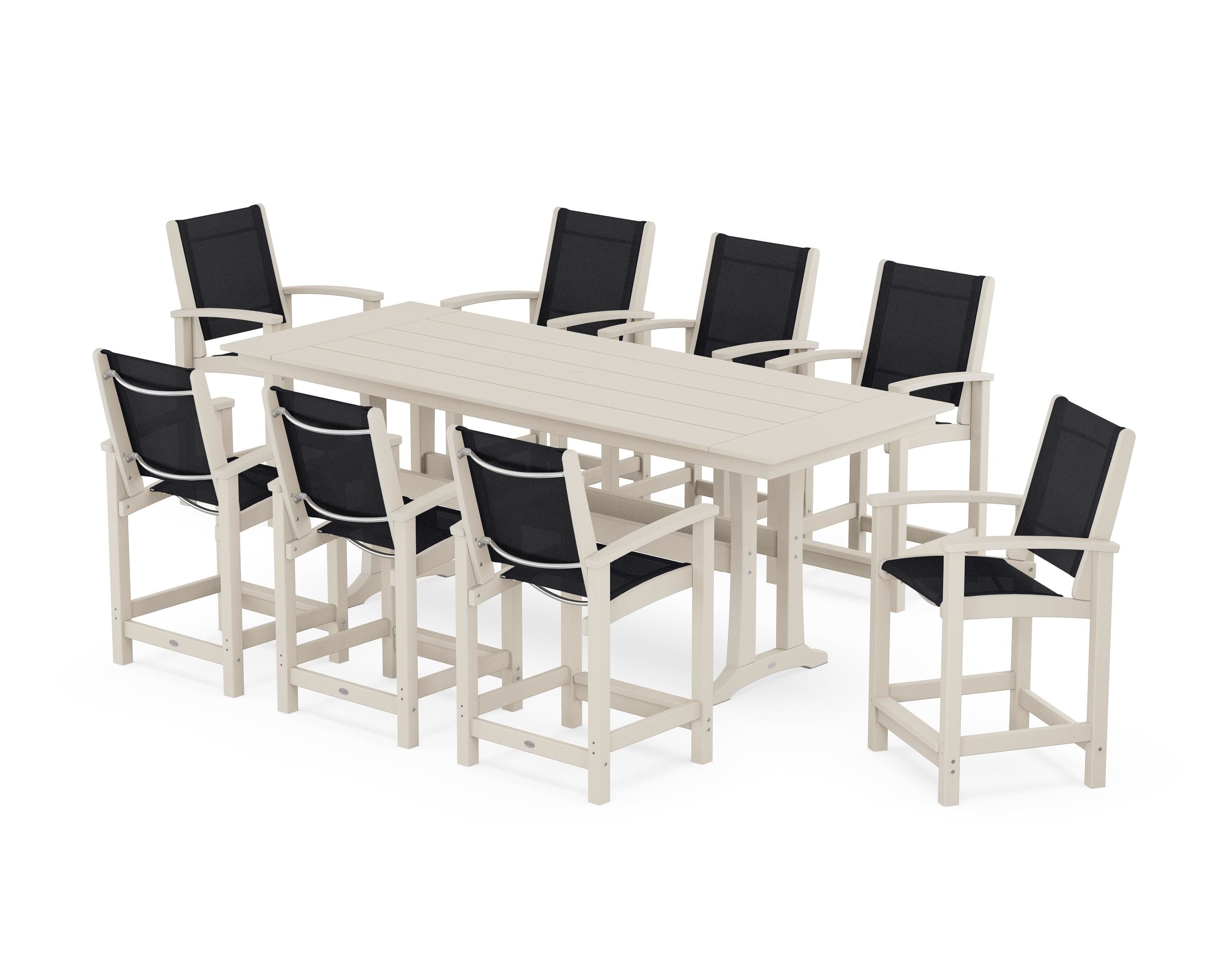 POLYWOOD Coastal 9-Piece Farmhouse Counter Set with Trestle Legs in Sand / Black Sling