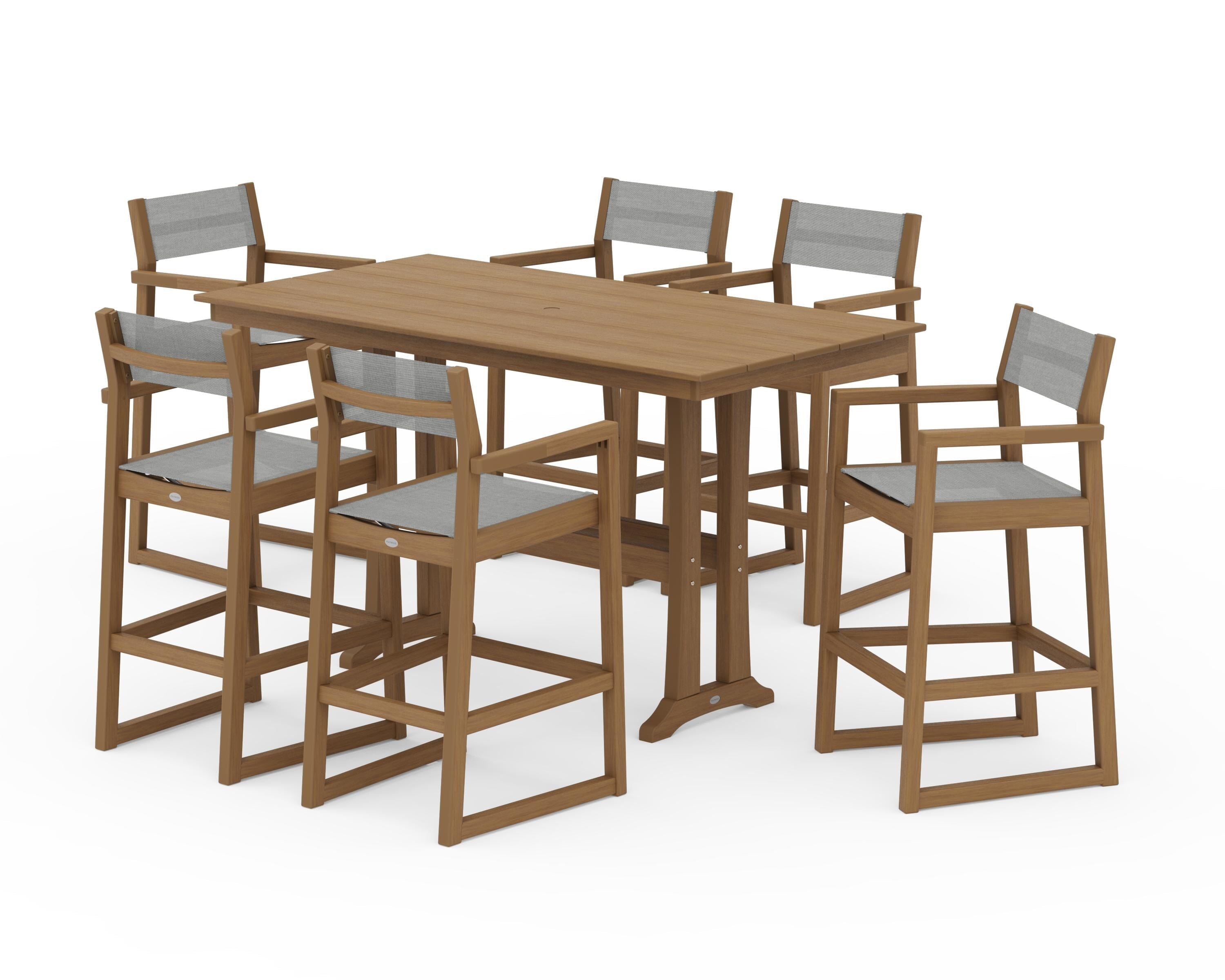 POLYWOOD EDGE Sling Arm Chair 7-Piece Farmhouse Bar Set with Trestle Legs in Natural / Metallic Sling
