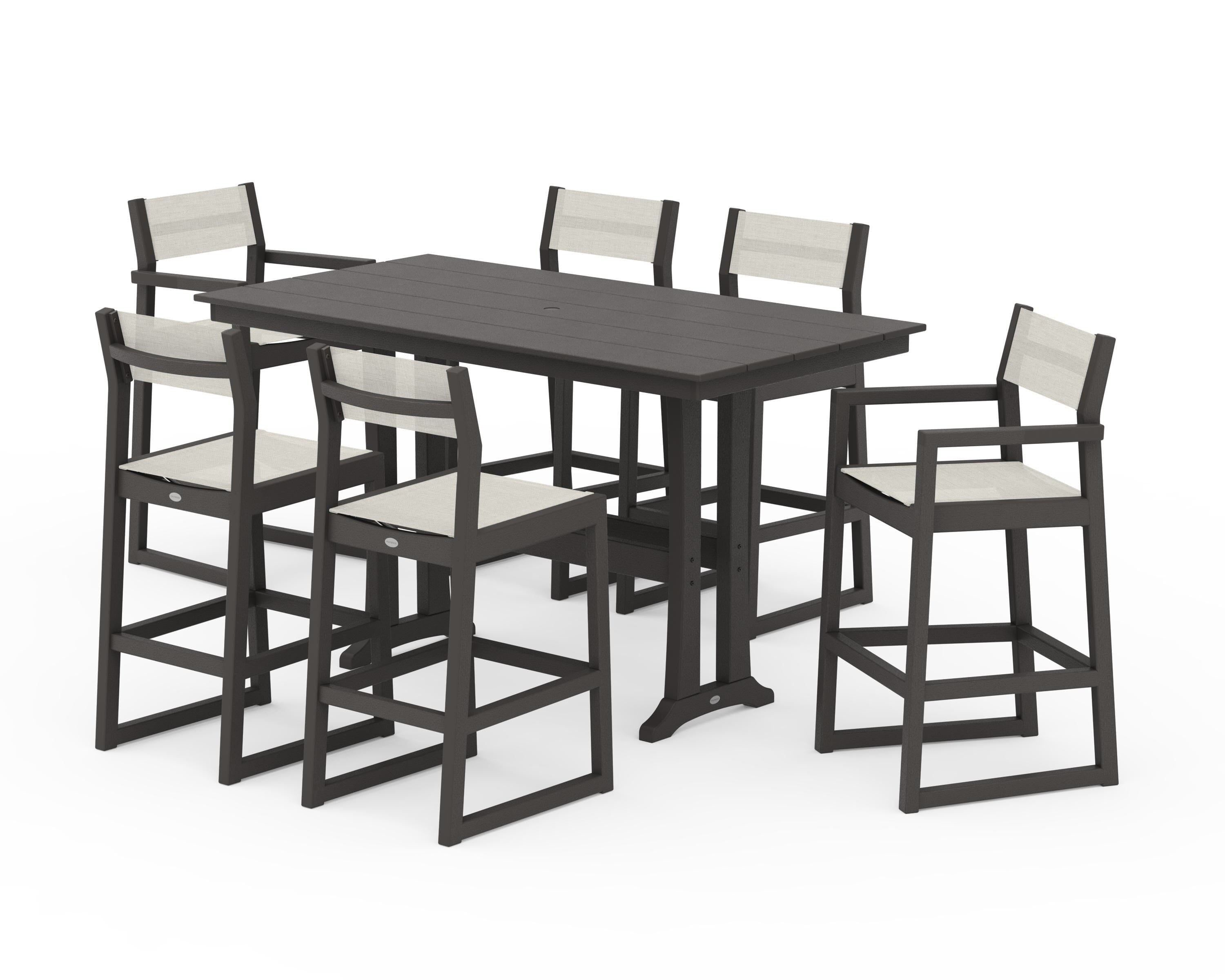 POLYWOOD EDGE Sling 7-Piece Farmhouse Bar Set with Trestle Legs in Vintage Coffee / Parchment Sling