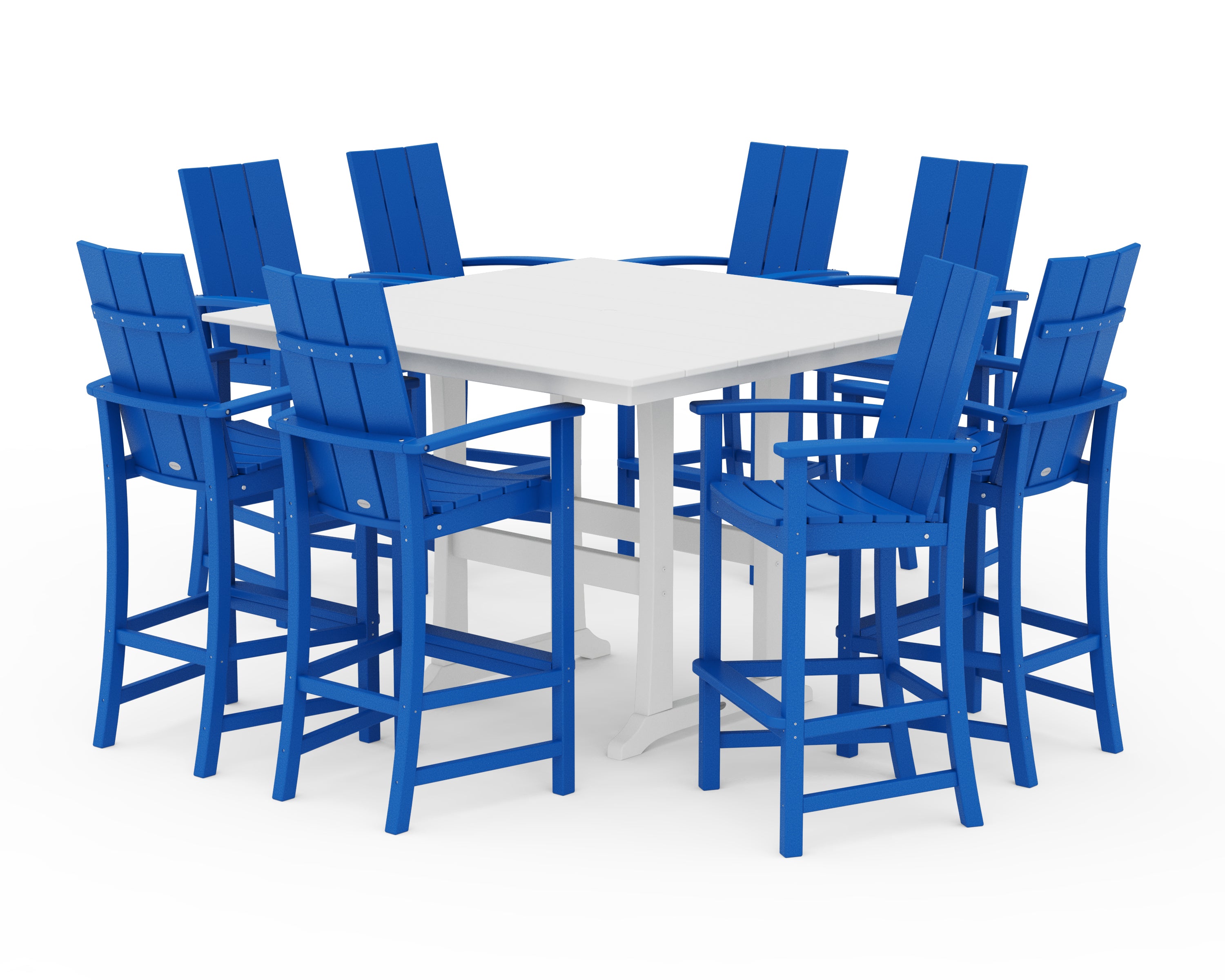 POLYWOOD Modern Adirondack 9-Piece Farmhouse Trestle Bar Set in Pacific Blue / White