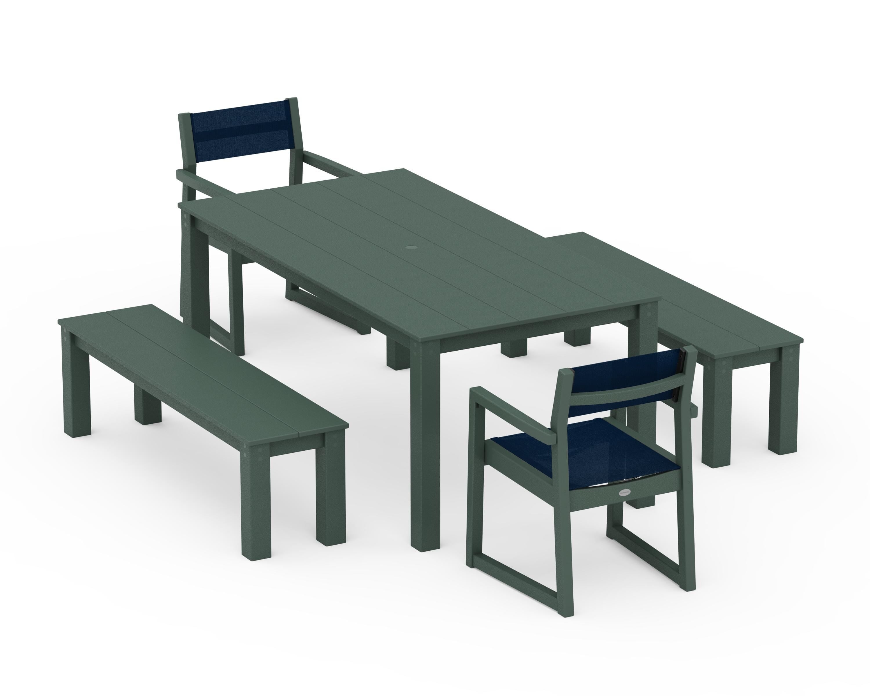 POLYWOOD EDGE Sling Arm Chair 5-Piece Parsons Dining Set with Benches in Green / Navy Blue Sling