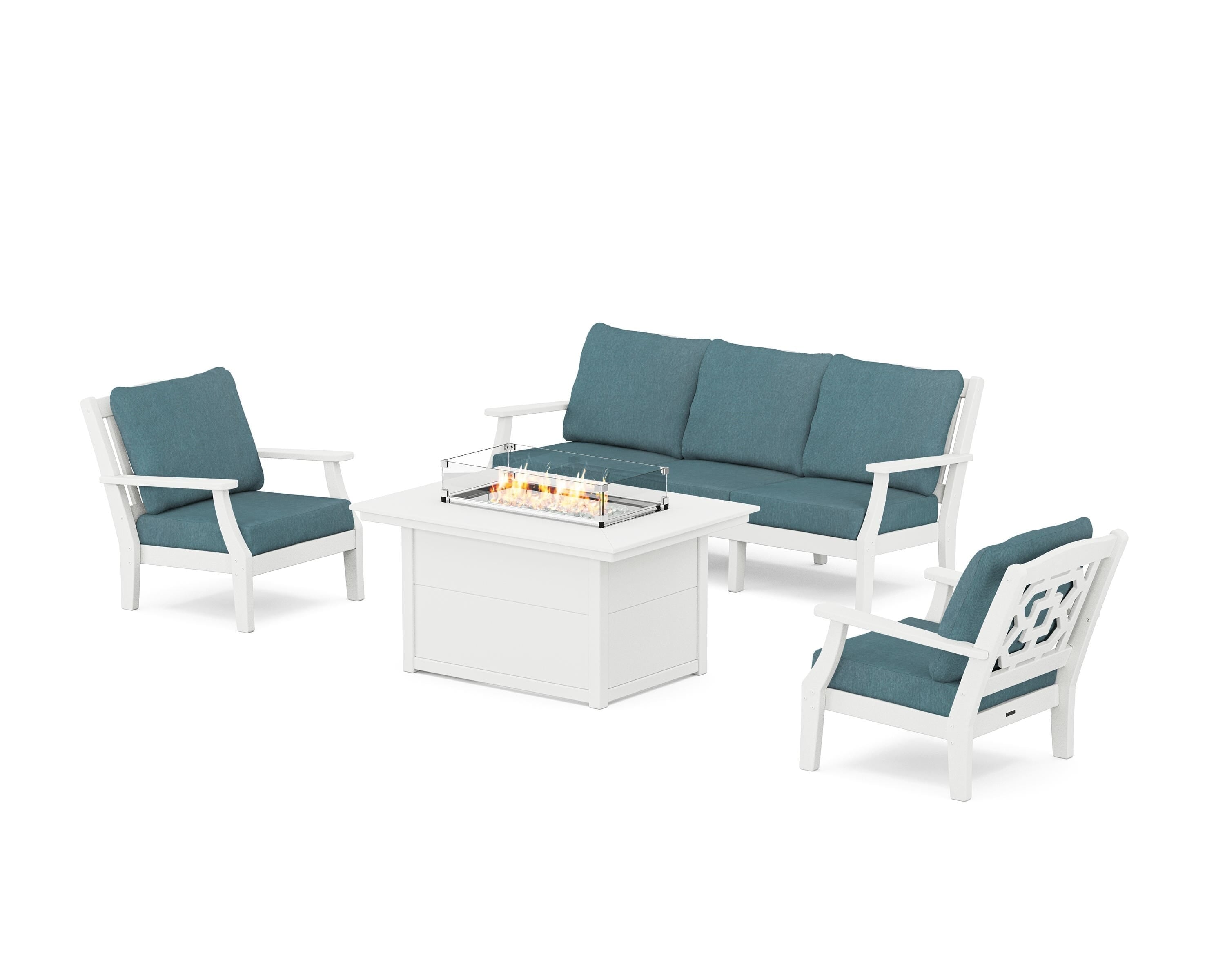 Martha Stewart by POLYWOOD Chinoiserie Deep Seating Fire Pit Table Set in White / Ocean Teal