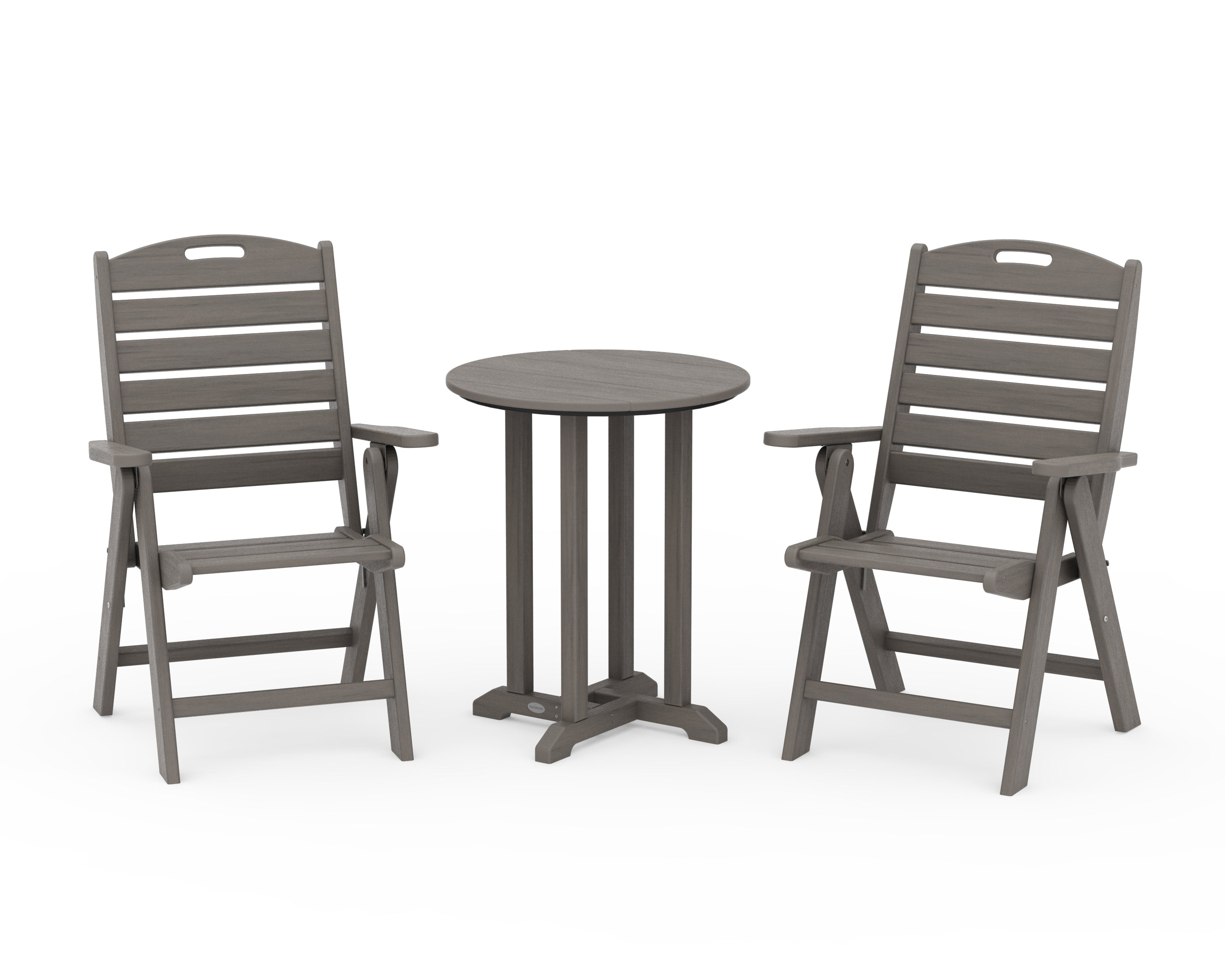 POLYWOOD Nautical Folding Highback Chair 3-Piece Round Bistro Dining Set in Driftwood