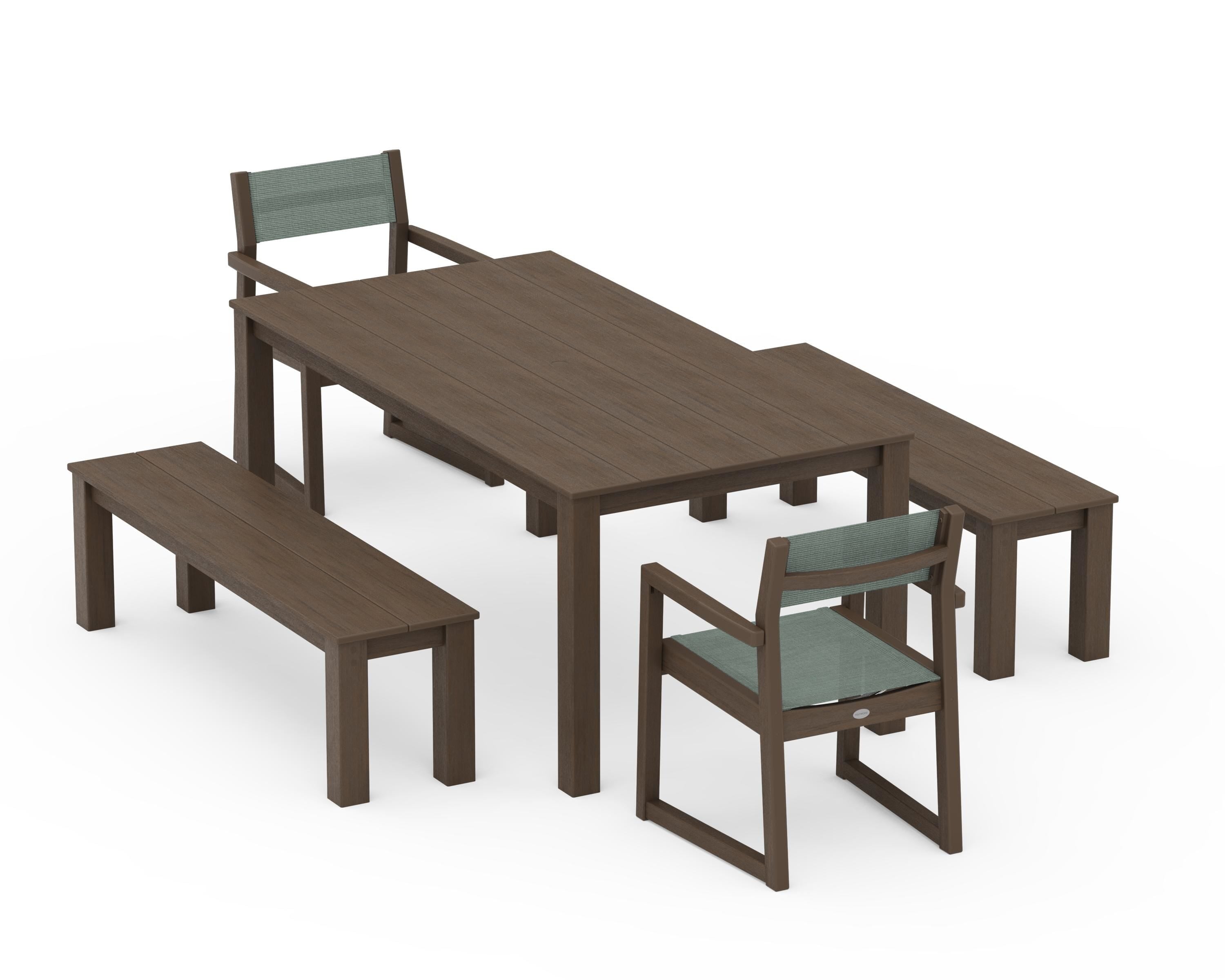 POLYWOOD EDGE Sling Arm Chair 5-Piece Parsons Dining Set with Benches in Kona / Dupioni Sea Mist Sling