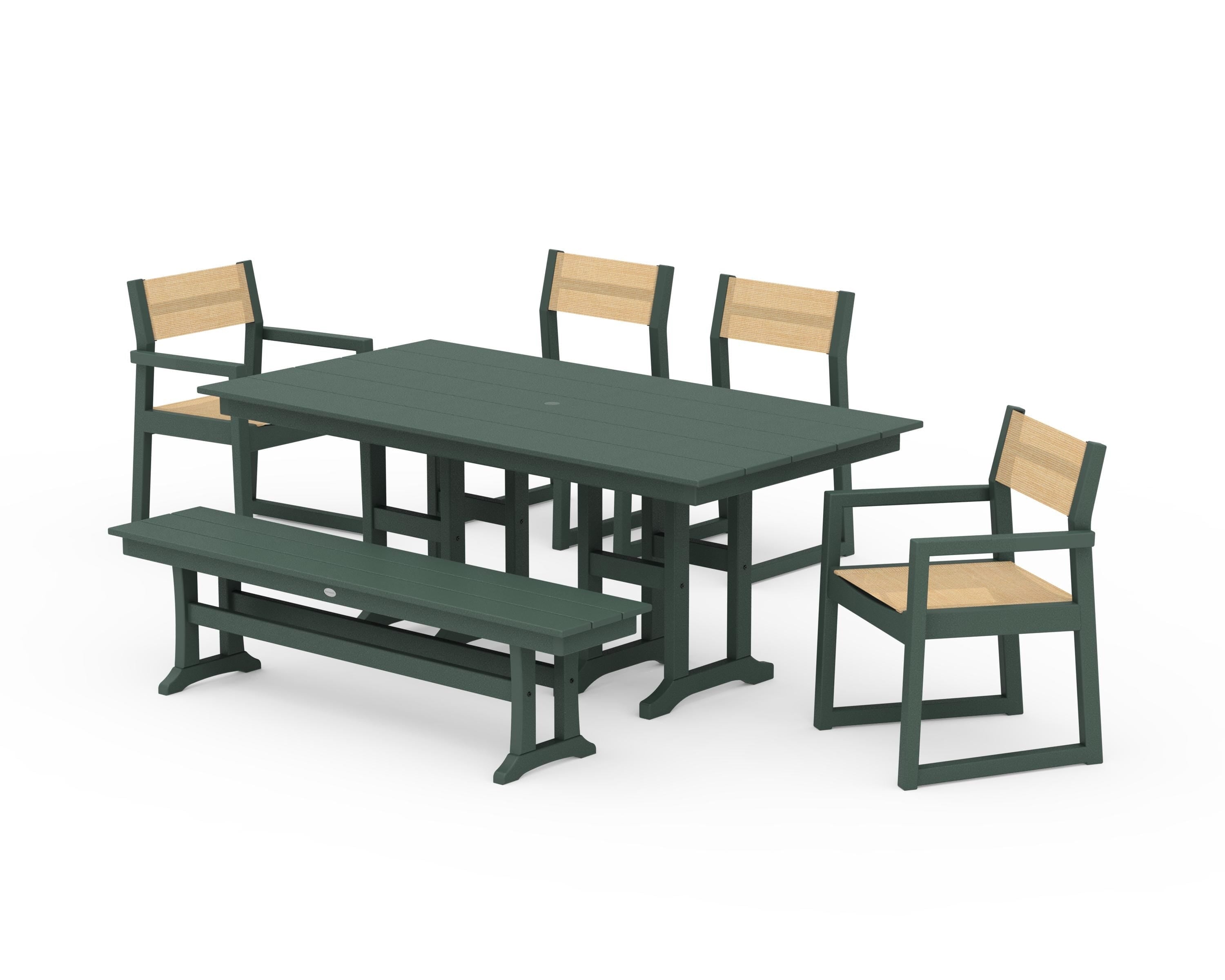 POLYWOOD EDGE Sling 6-Piece Farmhouse Dining Set in Green / Dupioni Apricot Sling