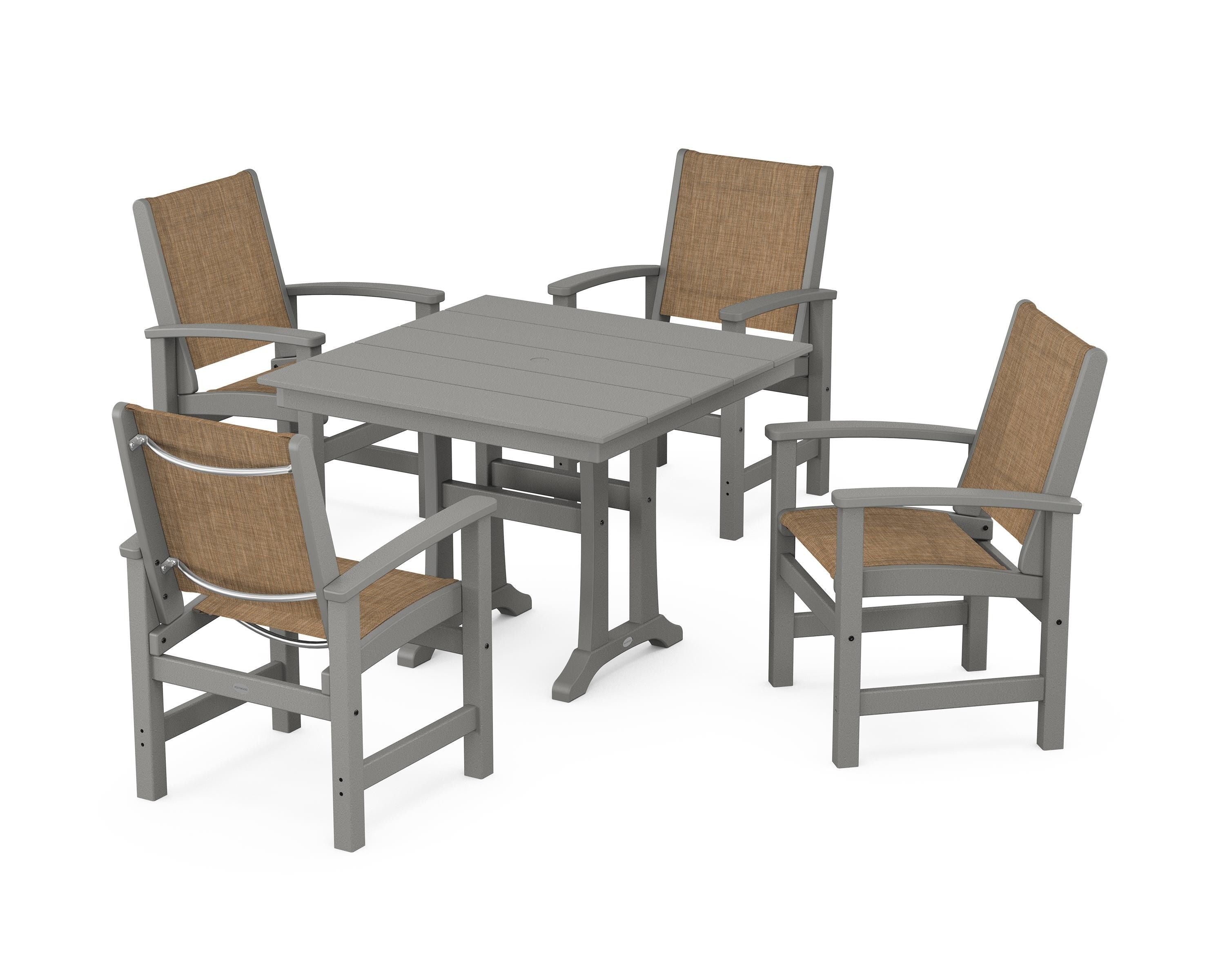POLYWOOD Coastal 5-Piece Farmhouse Dining Set With Trestle Legs in Slate Grey / Burlap Sling