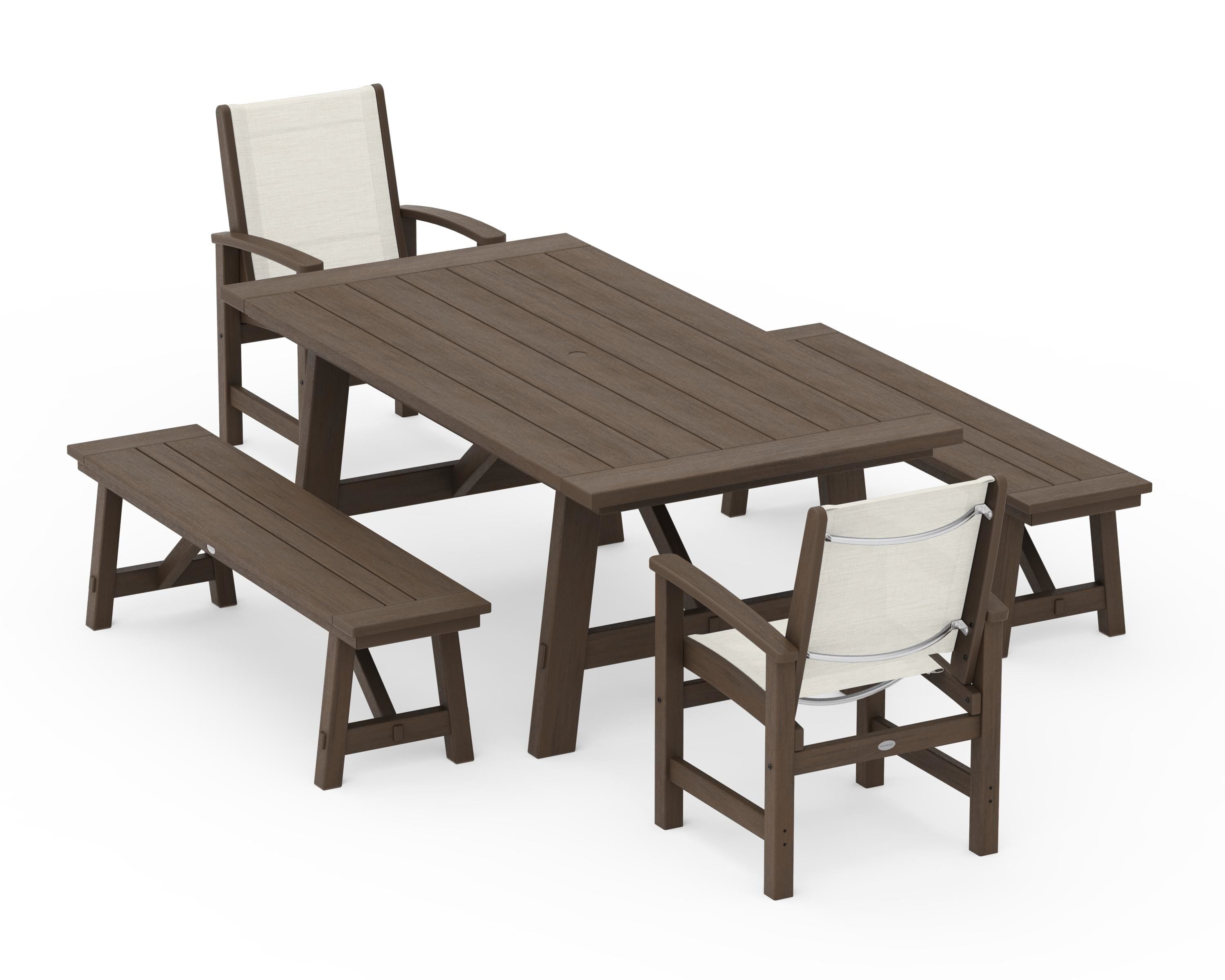 POLYWOOD Coastal 5-Piece Rustic Farmhouse Dining Set With Benches in Kona / Parchment Sling