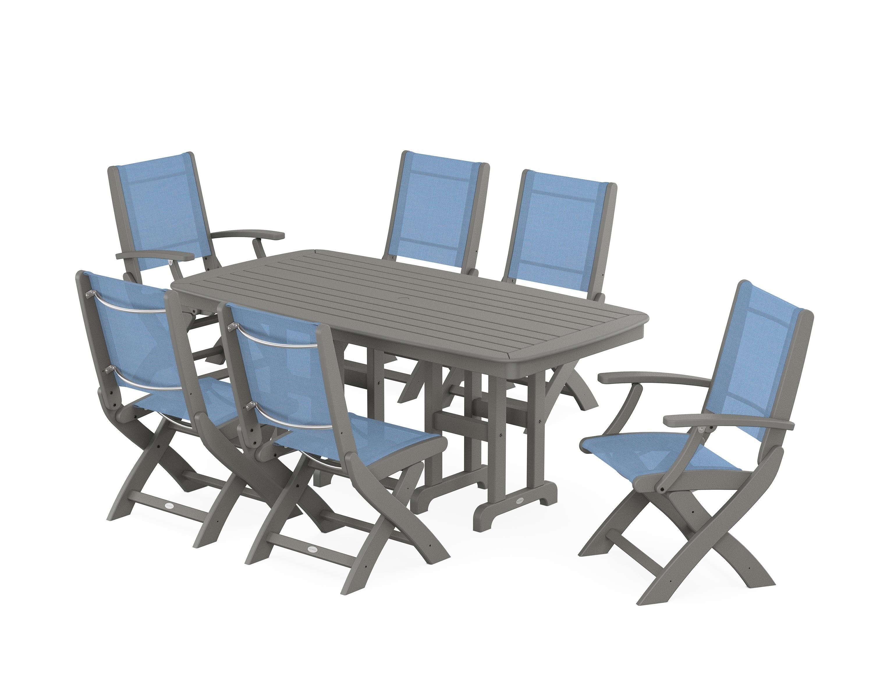 POLYWOOD Coastal Folding Chair 7-Piece Dining Set in Slate Grey / Poolside Sling