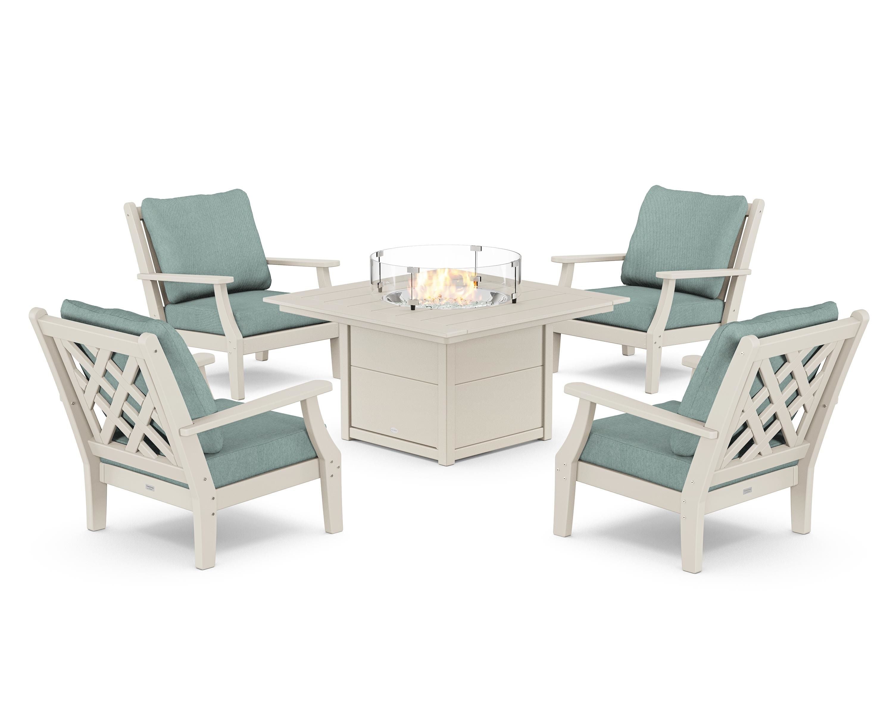 Country Living Wovendale 5-Piece Deep Seating Set with Fire Pit Table in Sand / Glacier Spa