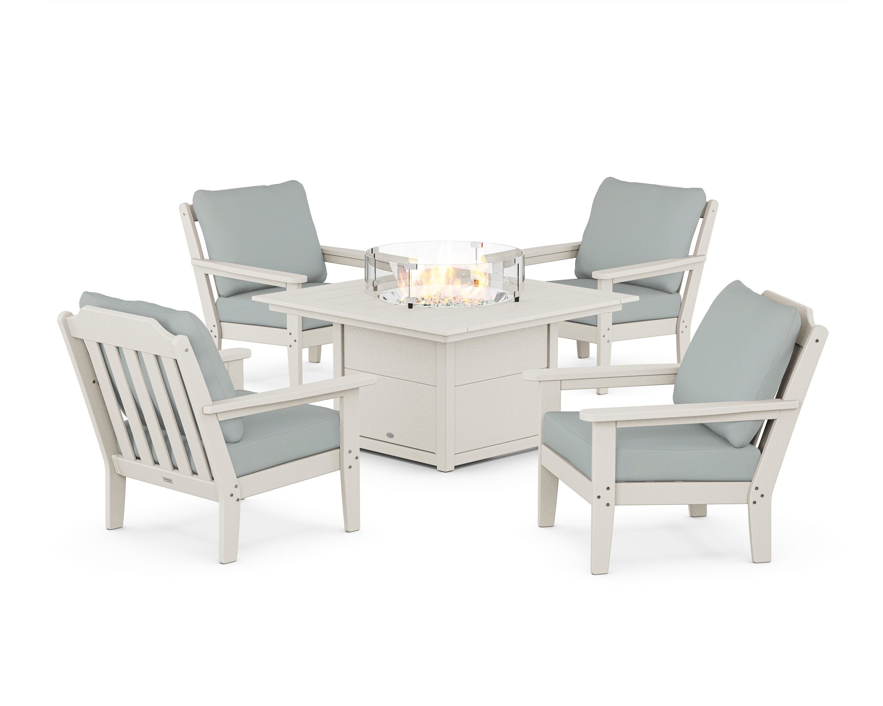Country Living Cottage 5-Piece Deep Seating Set with Fire Pit Table in Sand / Spa