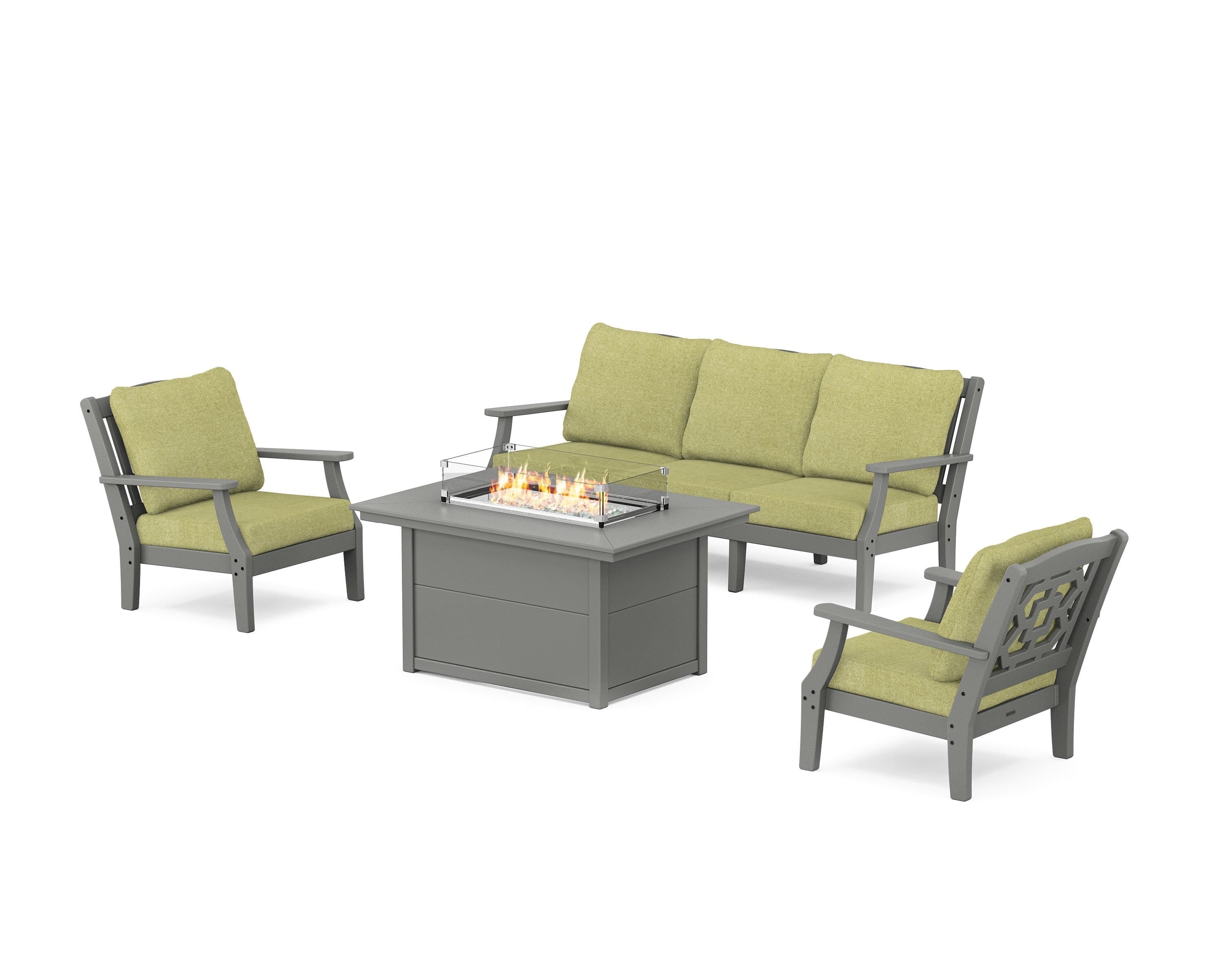 Martha Stewart by POLYWOOD Chinoiserie Deep Seating Fire Pit Table Set in Slate Grey / Chartreuse Boucle