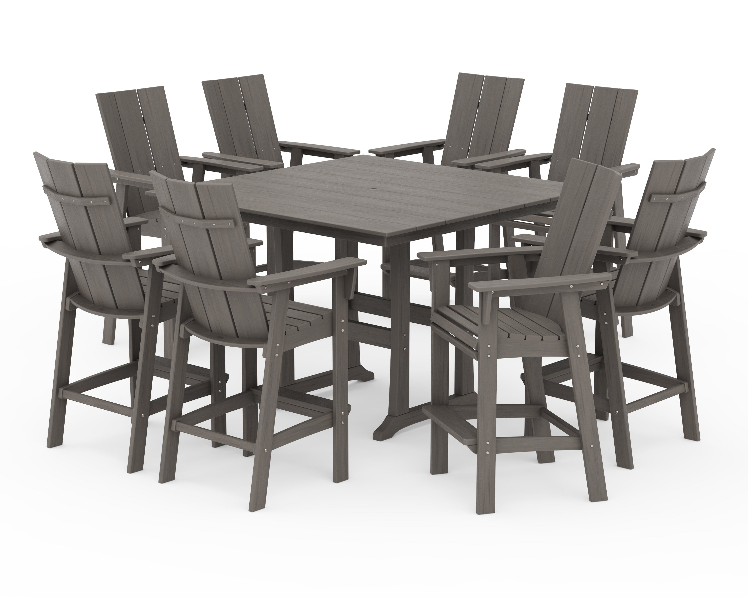 POLYWOOD Modern Curveback Adirondack 9-Piece Farmhouse Trestle Bar Set in Driftwood