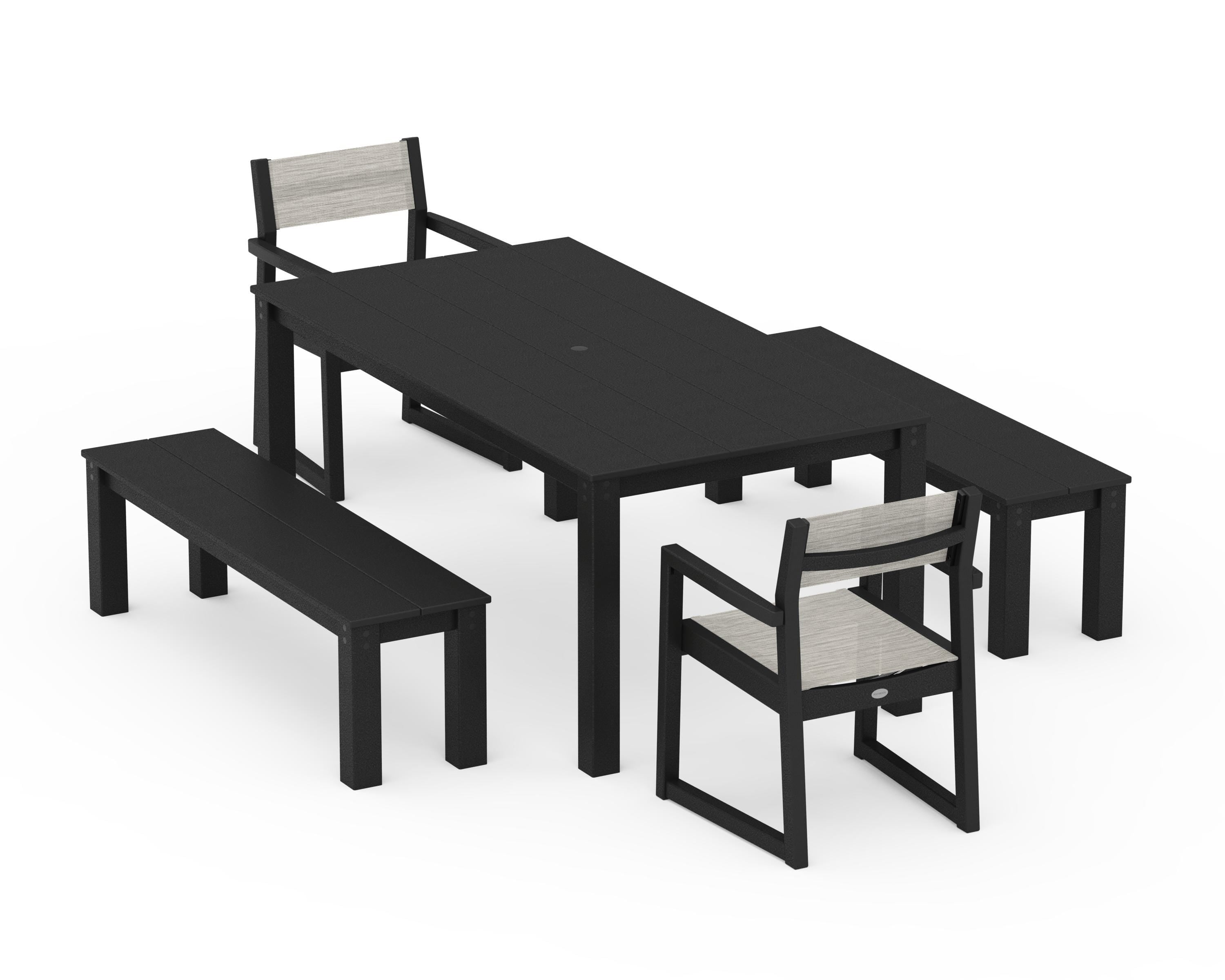 POLYWOOD EDGE Sling Arm Chair 5-Piece Parsons Dining Set with Benches in Black / Birch Sling