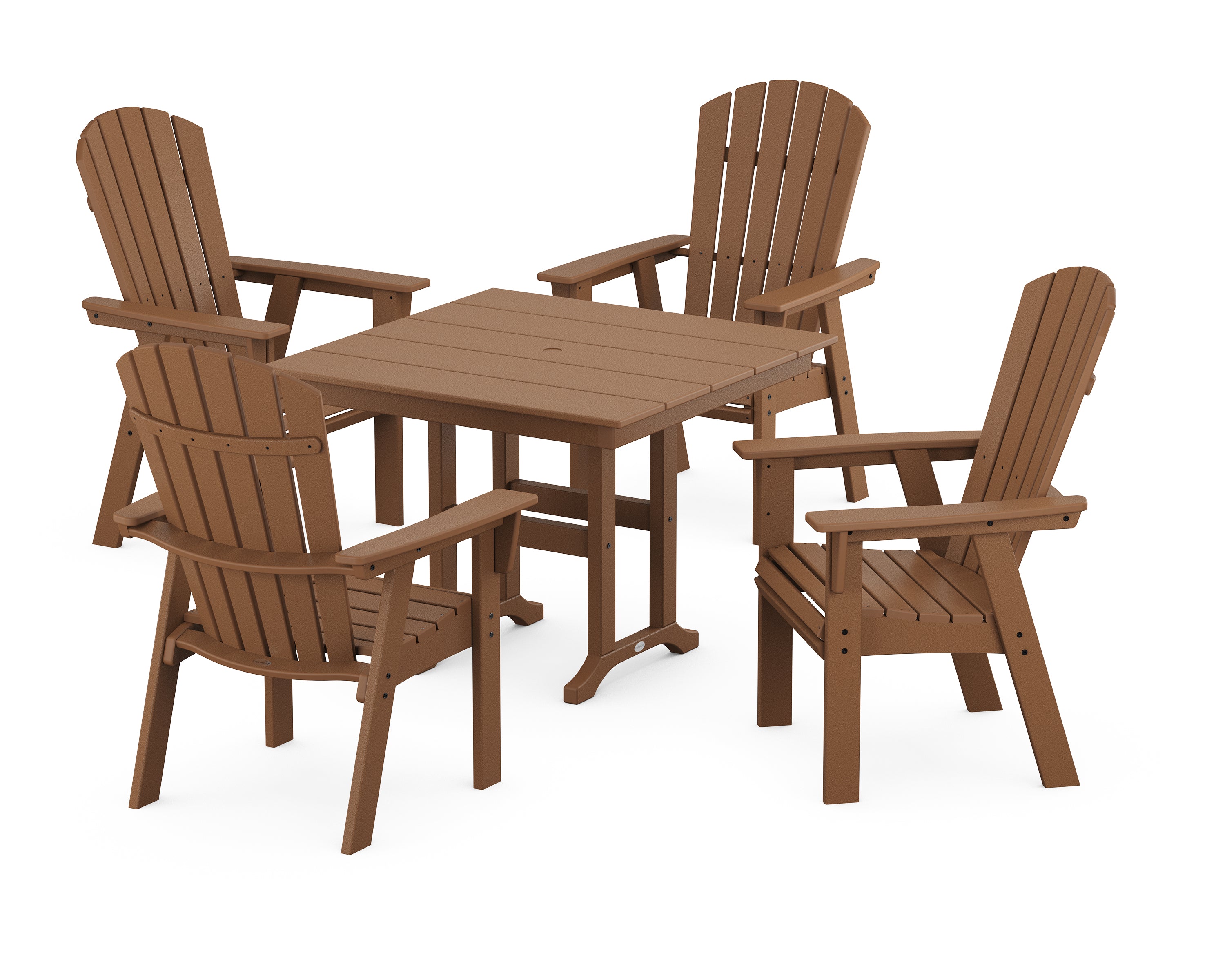 POLYWOOD® Nautical Curveback Adirondack 5-Piece Farmhouse Dining Set in Teak