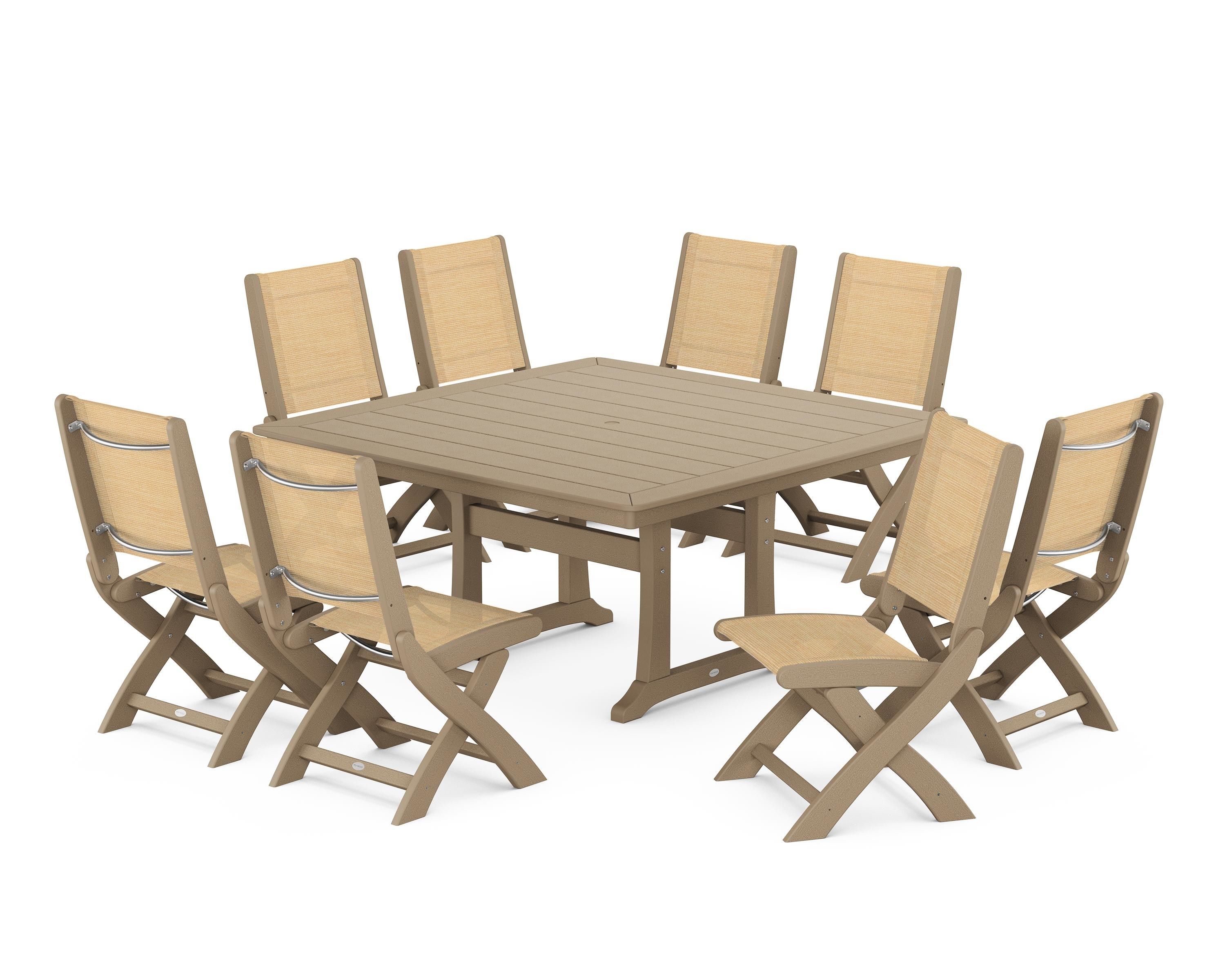 POLYWOOD Coastal Folding Side Chair 9-Piece Dining Set with Trestle Legs in Vintage Sahara / Dupioni Apricot Sling