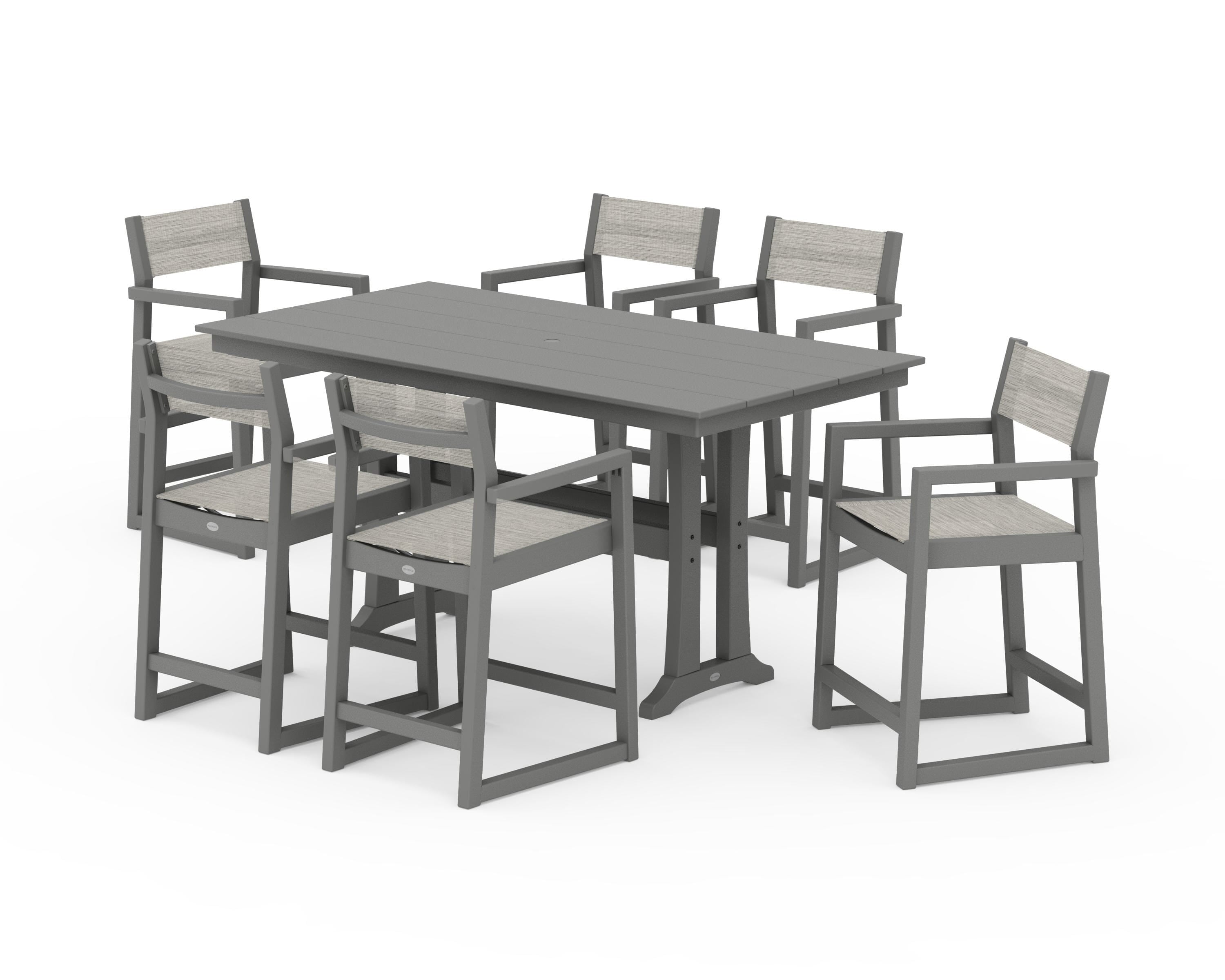 POLYWOOD EDGE Sling Arm Chair 7-Piece Farmhouse Counter Set with Trestle Legs in Slate Grey / Birch Sling