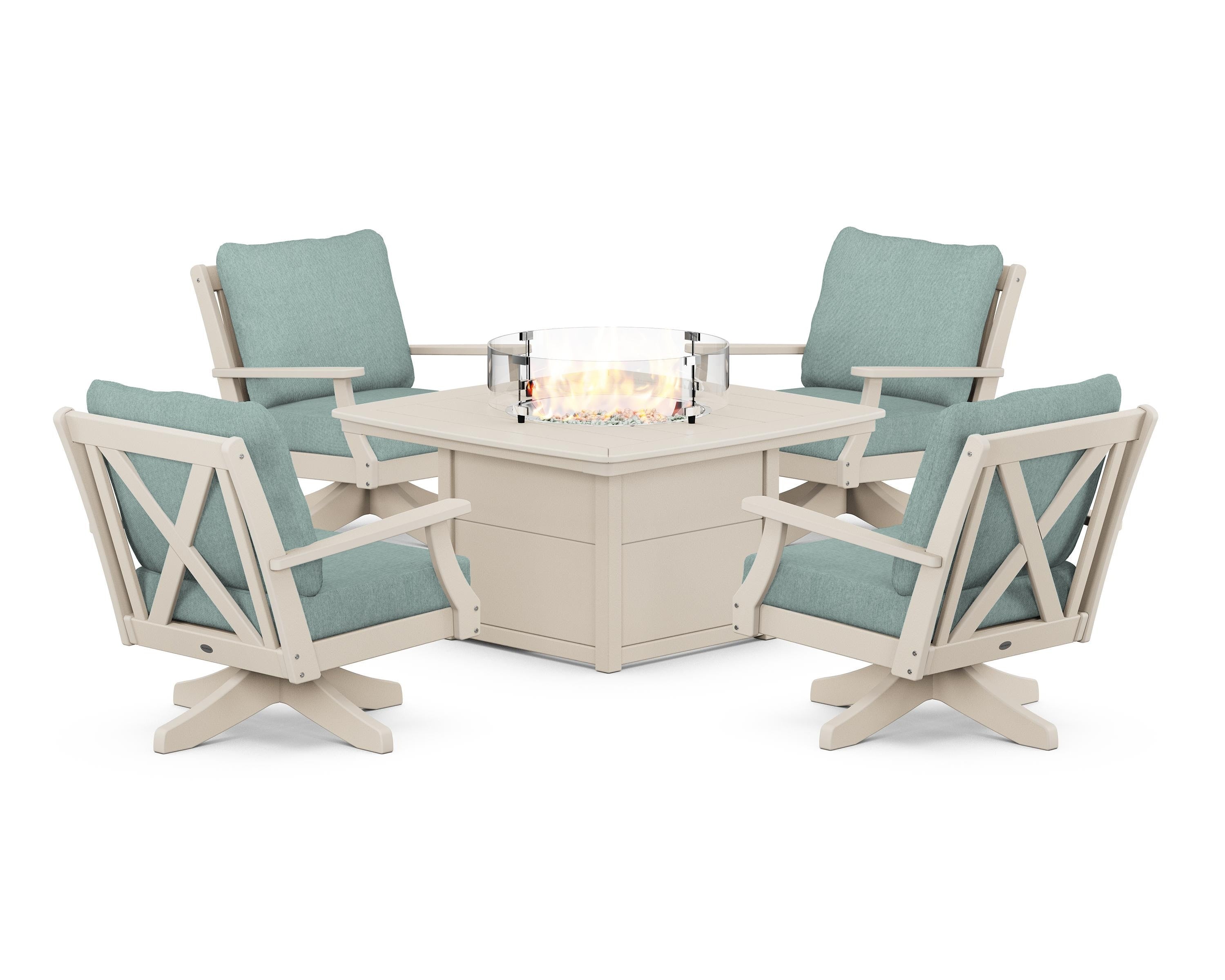 POLYWOOD Braxton 5-Piece Deep Seating Swivel Conversation Set with Fire Pit Table in Sand / Glacier Spa