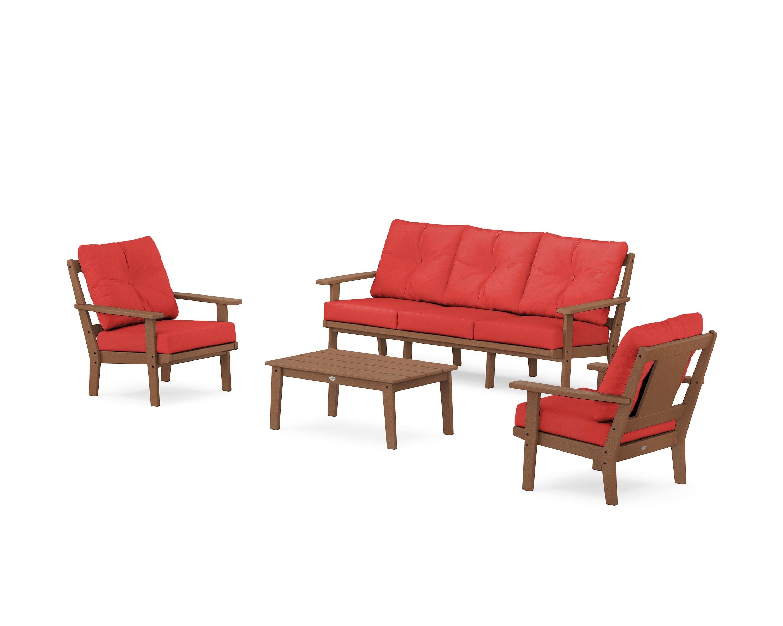 POLYWOOD Prairie 4-Piece Deep Seating Set with Sofa in Teak / Crimson Linen