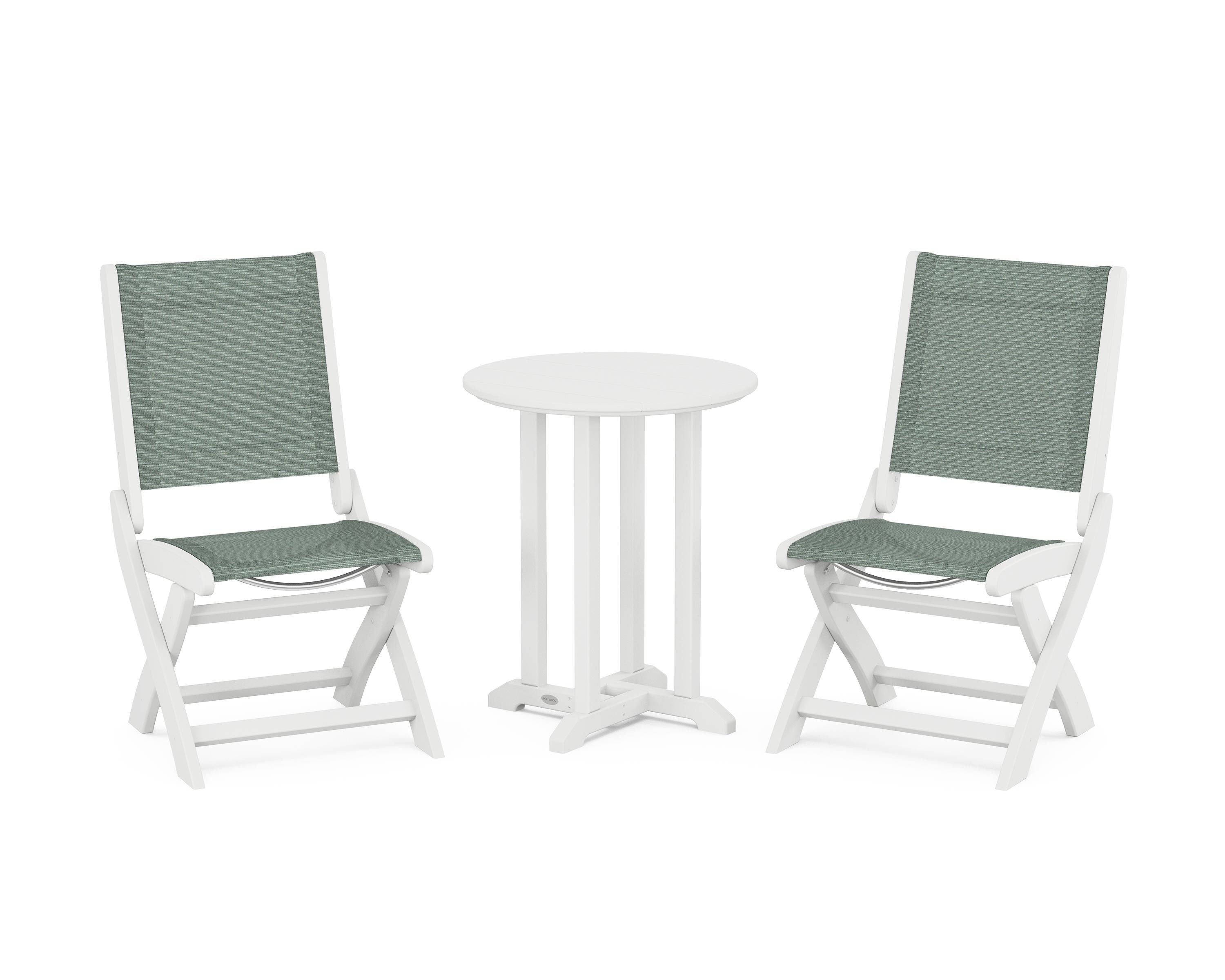 POLYWOOD Coastal Folding Side Chair 3-Piece Round Bistro Dining Set in White / Dupioni Sea Mist Sling