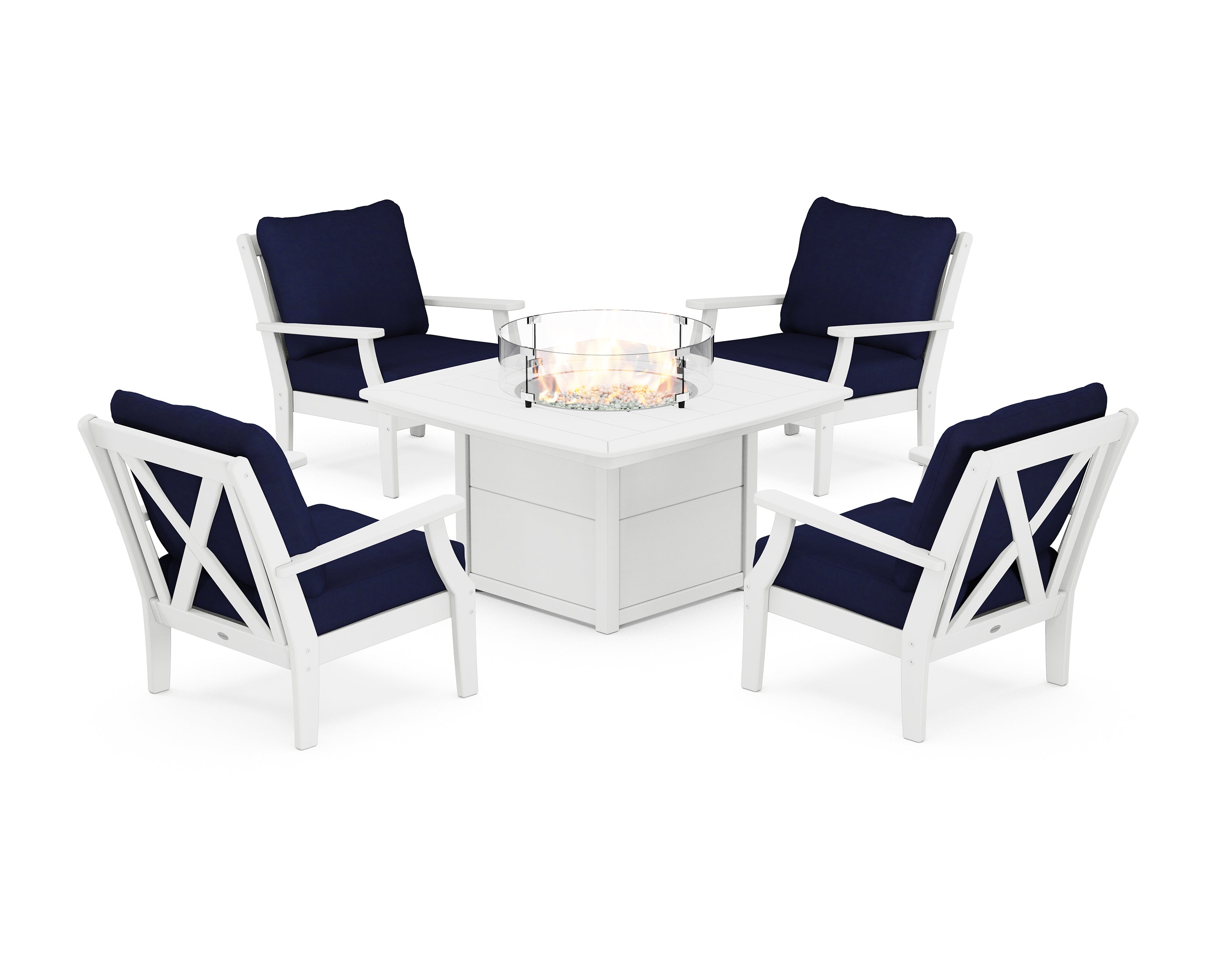POLYWOOD Braxton 5-Piece Deep Seating Conversation Set with Fire Pit Table in White / Navy