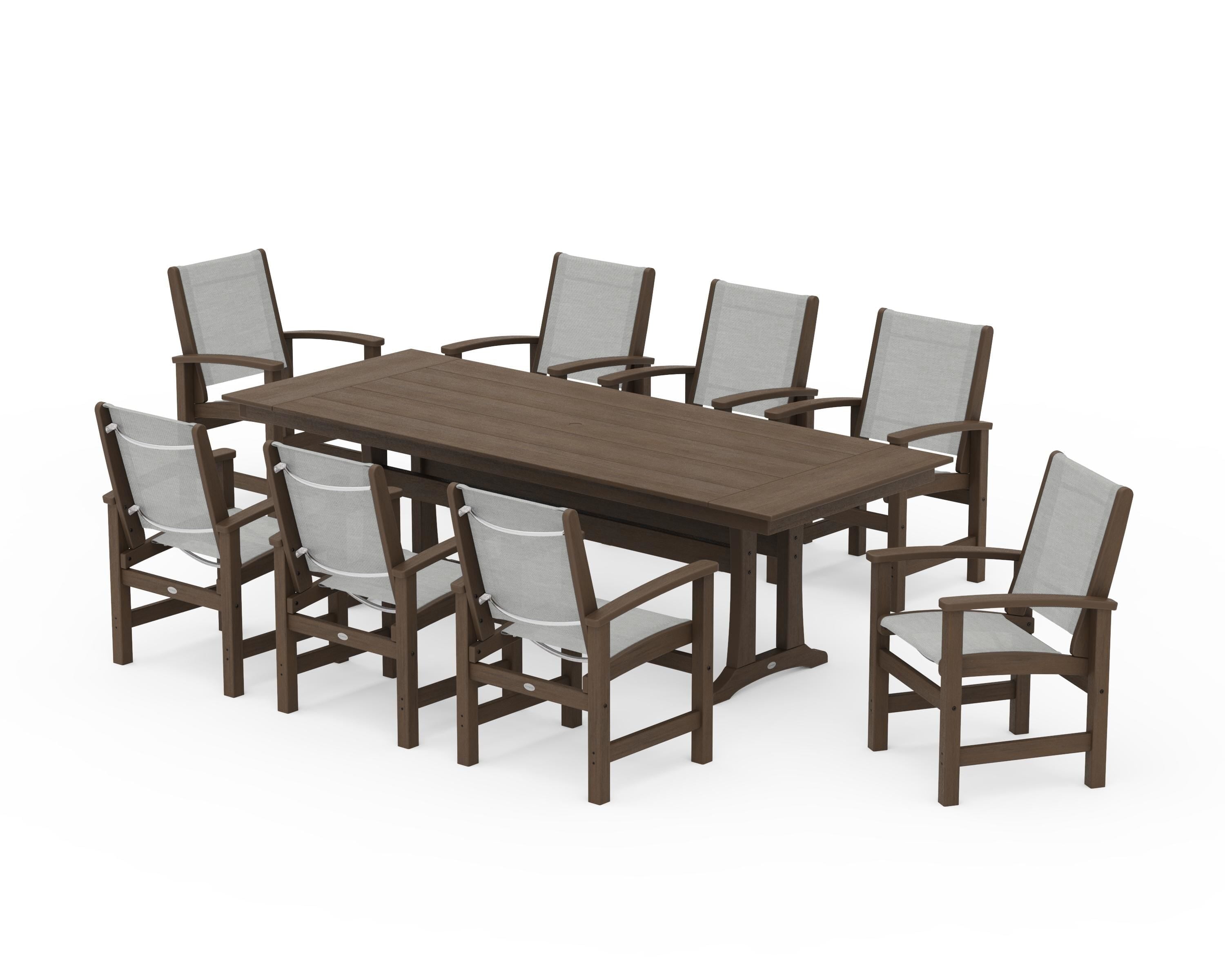 POLYWOOD Coastal 9-Piece Farmhouse Dining Set with Trestle Legs in Kona / Metallic Sling
