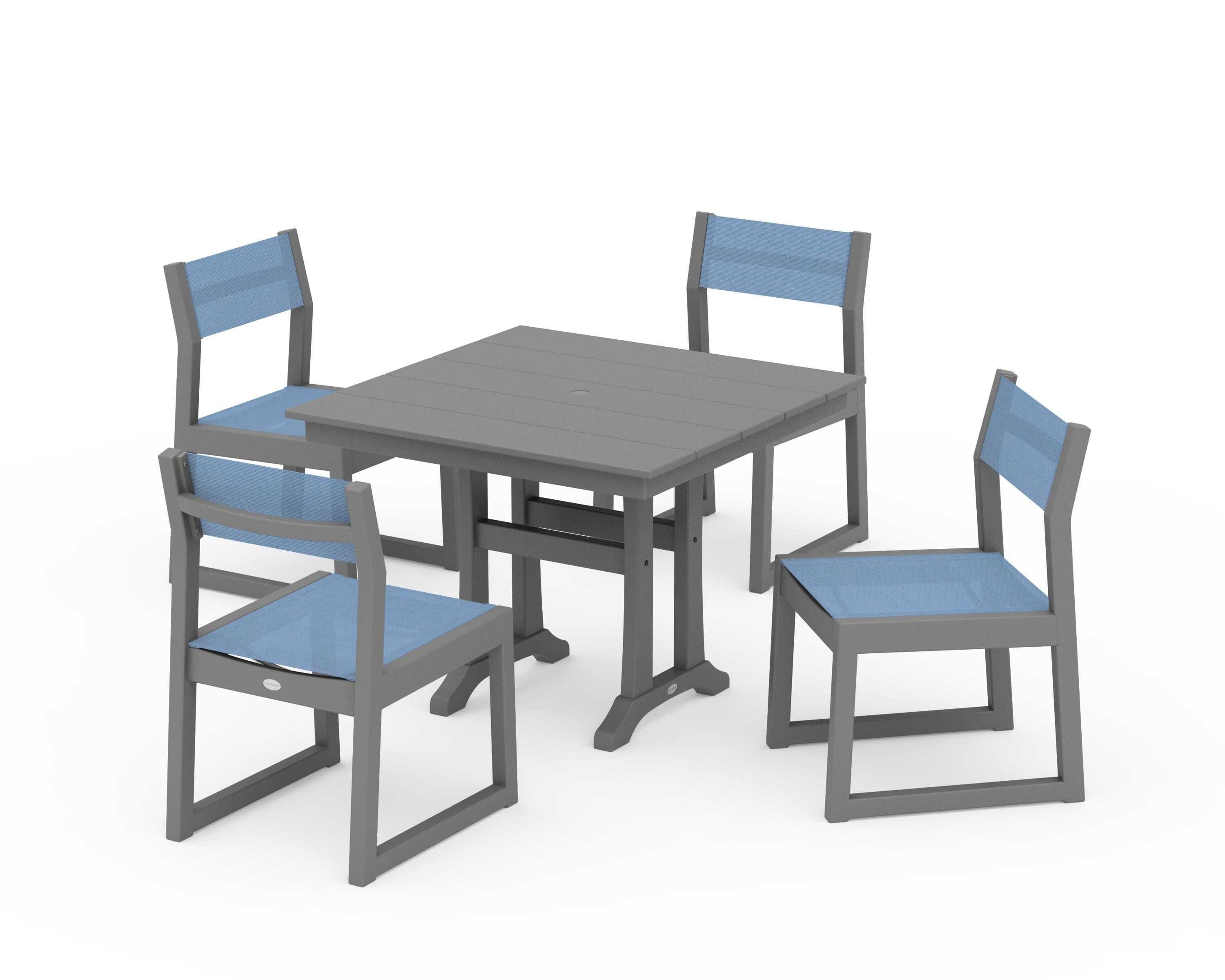 POLYWOOD EDGE Sling 5-Piece Farmhouse Trestle Side Chair Dining Set in Slate Grey / Poolside Sling