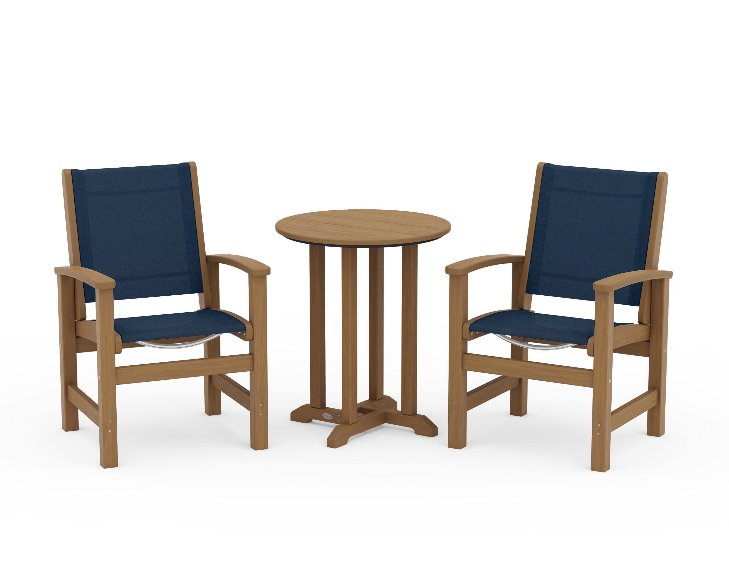 POLYWOOD Coastal 3-Piece Round Bistro Dining Set in Natural / Navy Blue Sling