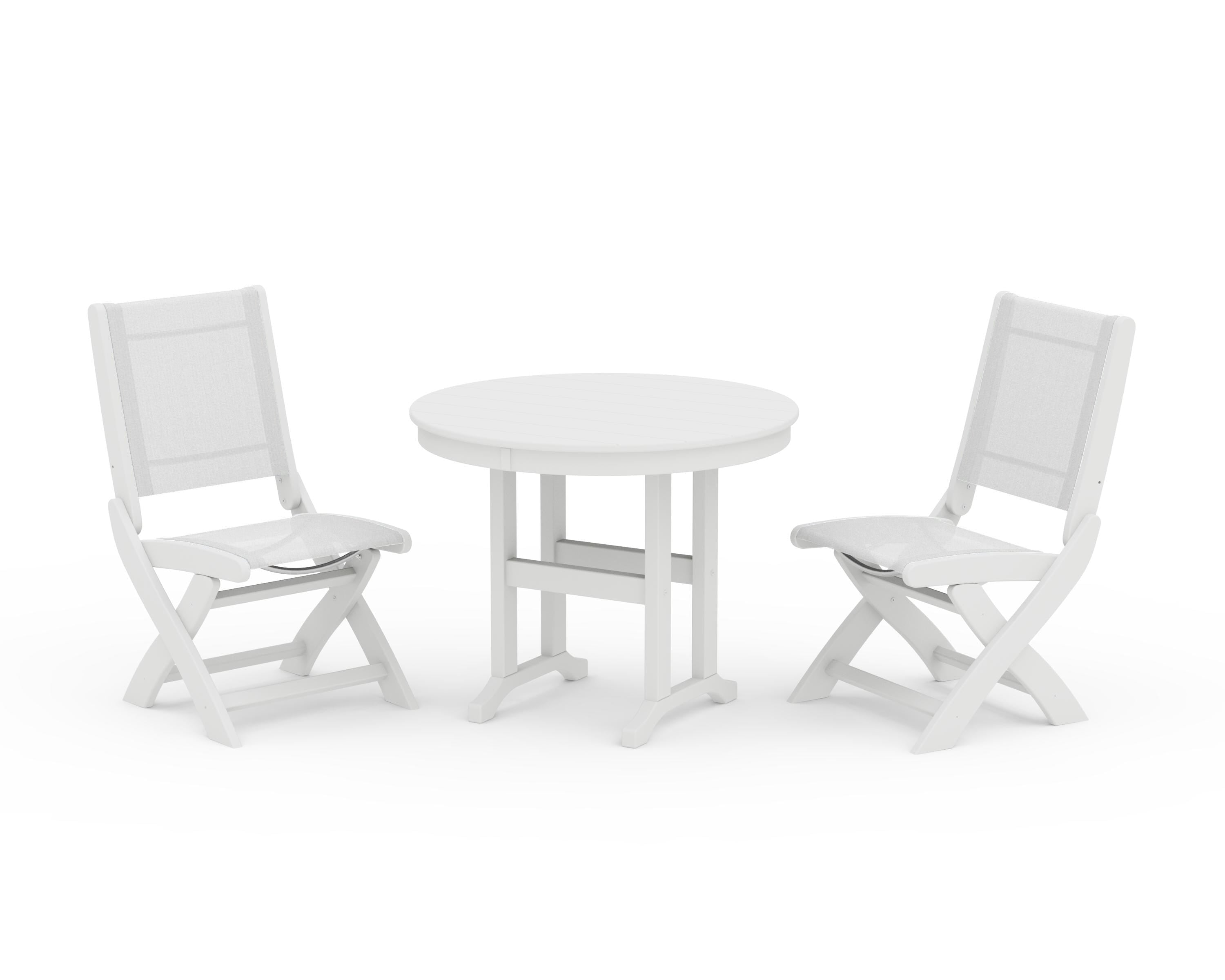 POLYWOOD Coastal Folding Side Chair 3-Piece Round Dining Set in White / White Sling