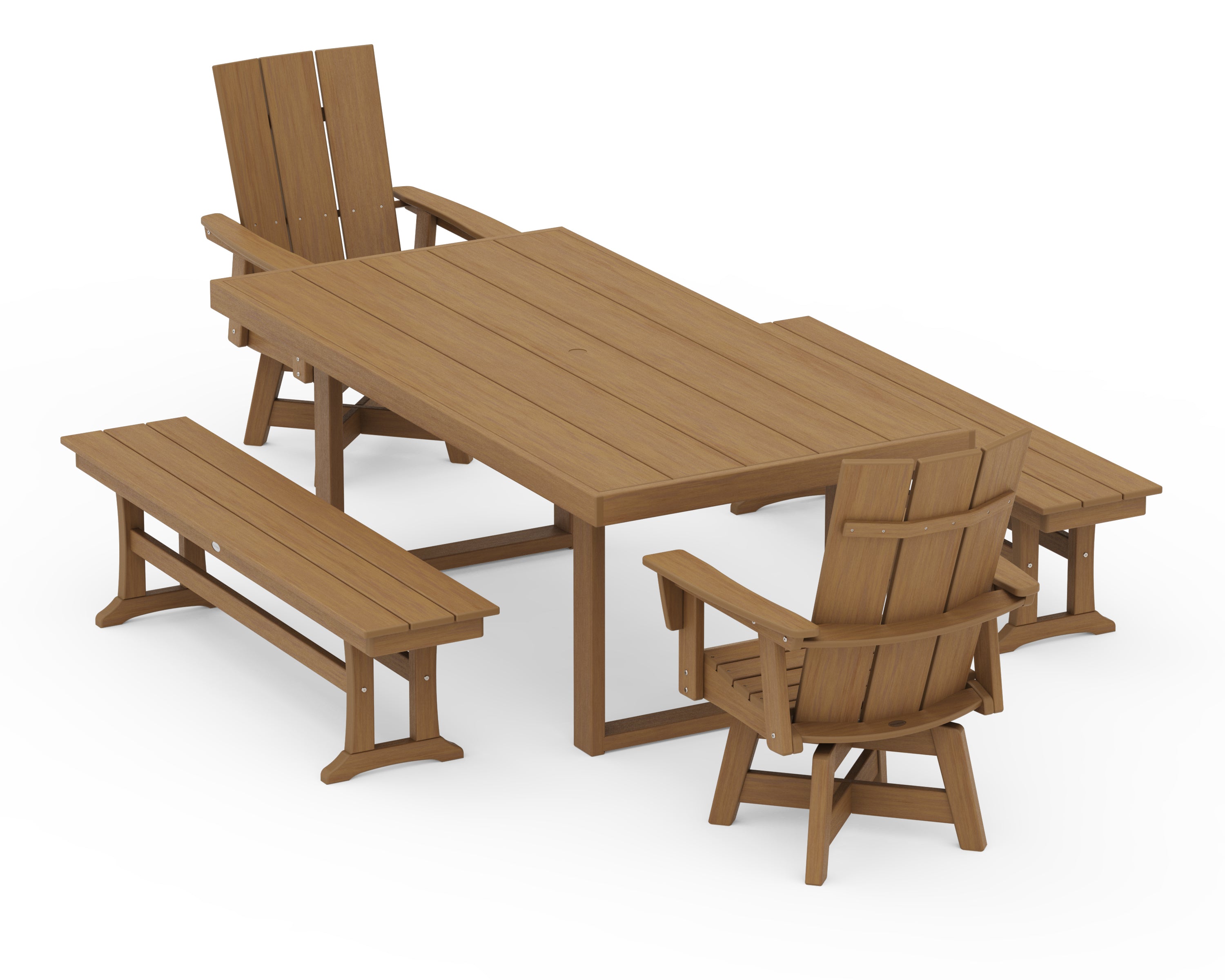 POLYWOOD Modern Adirondack Swivel Chair 5-Piece Dining Set with Benches in Natural