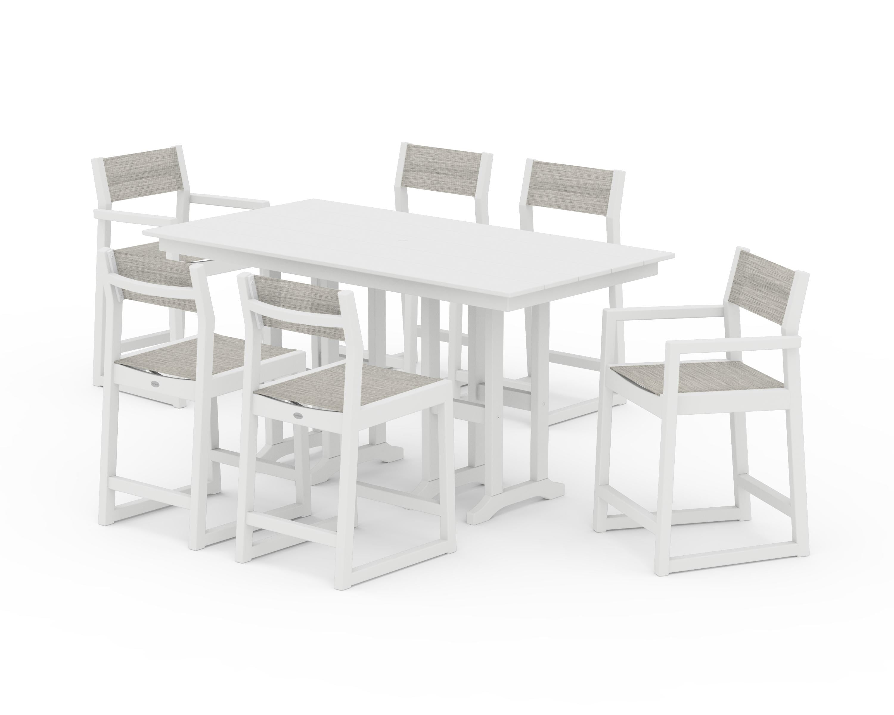 POLYWOOD EDGE Sling 7-Piece Farmhouse Counter Set with Trestle Legs in White / Birch Sling