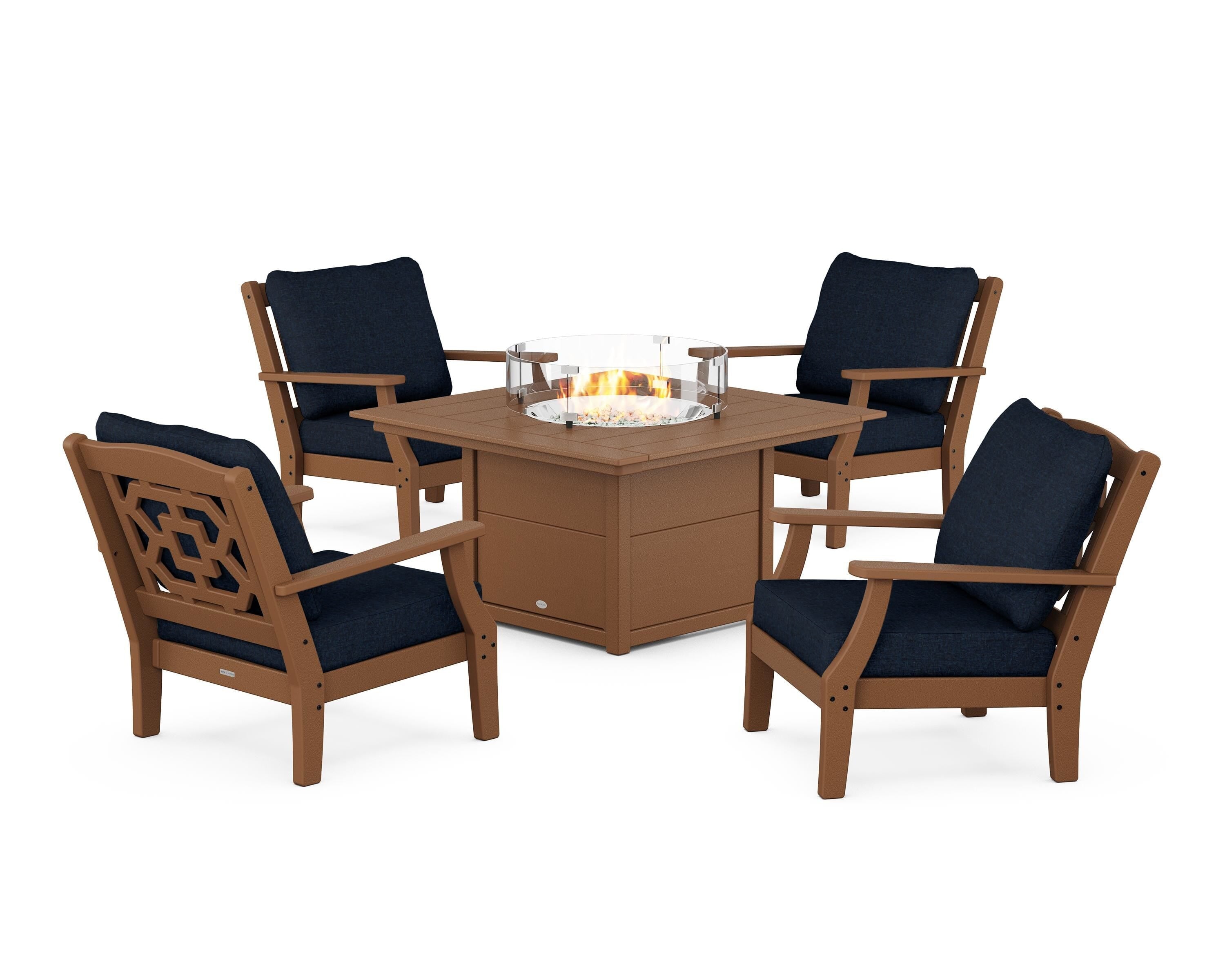 Martha Stewart by POLYWOOD Chinoiserie 5-Piece Deep Seating Set with Fire Pit Table in Teak / Marine Indigo