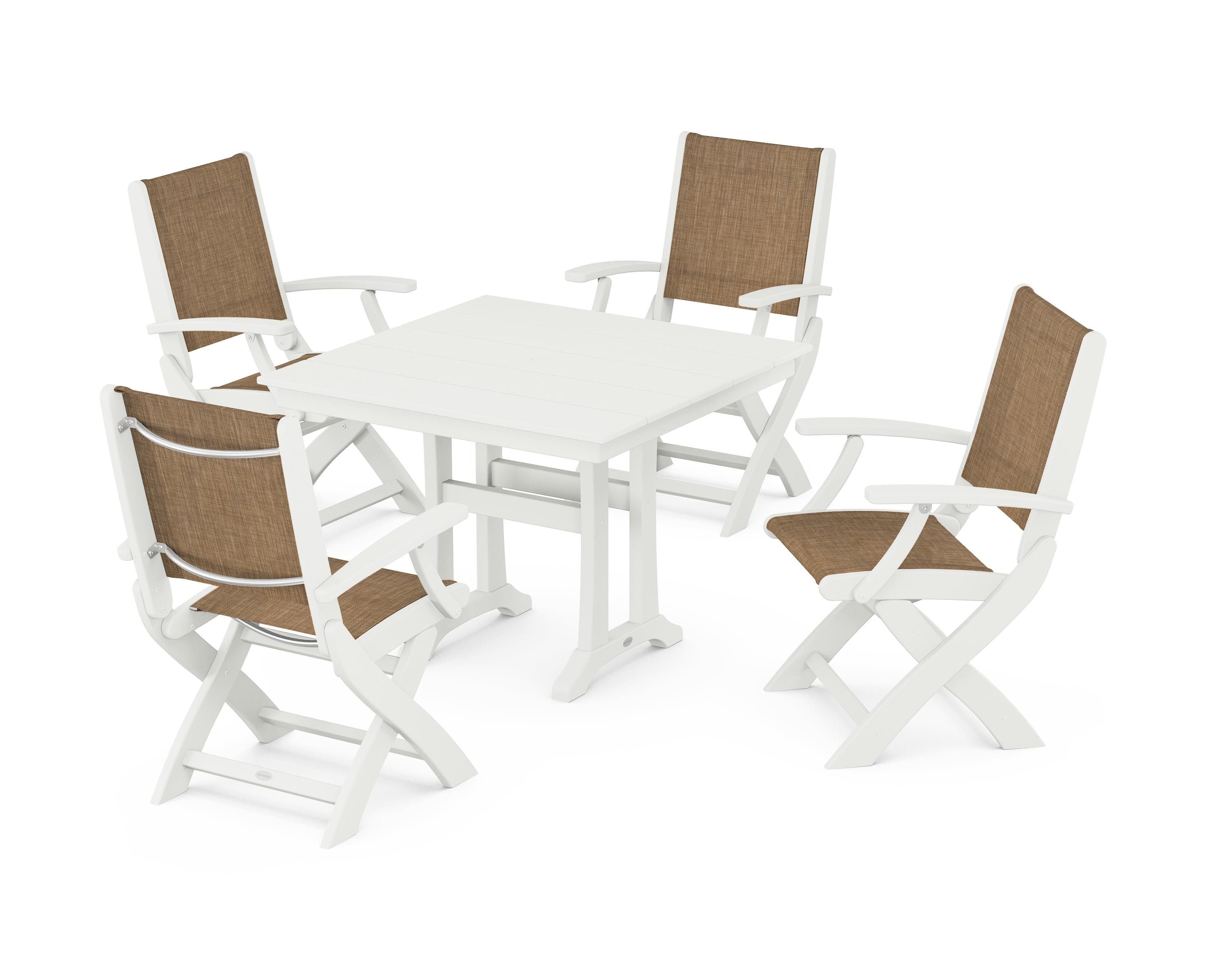 POLYWOOD Coastal Folding Chair 5-Piece Farmhouse Dining Set With Trestle Legs in Vintage White / Burlap Sling