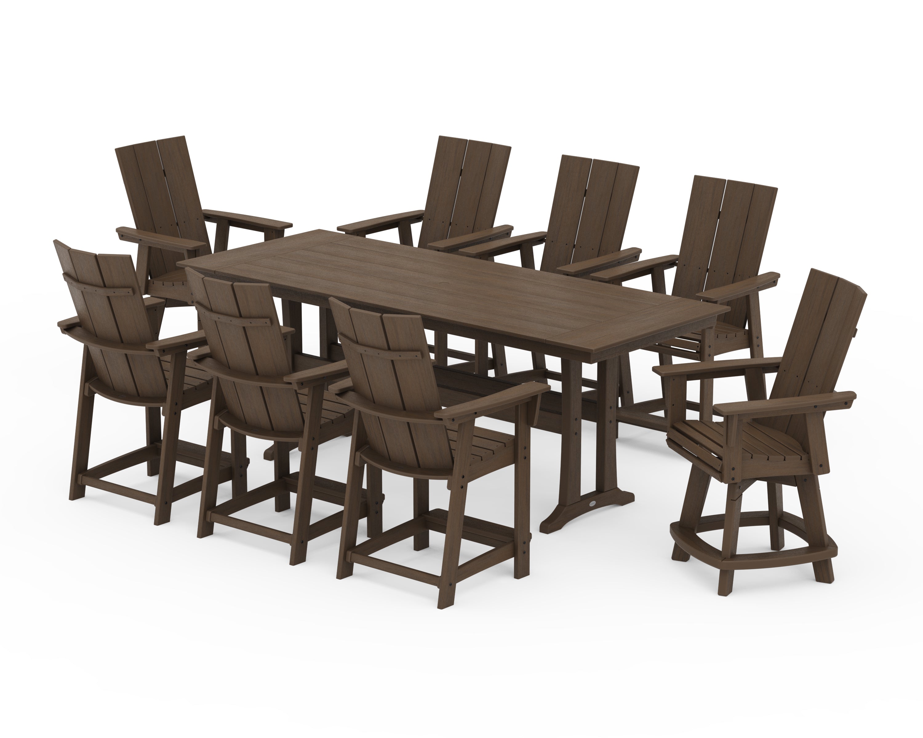 POLYWOOD Modern Curveback Adirondack Swivel 9-Piece Farmhouse Counter Set with Trestle Legs in Kona