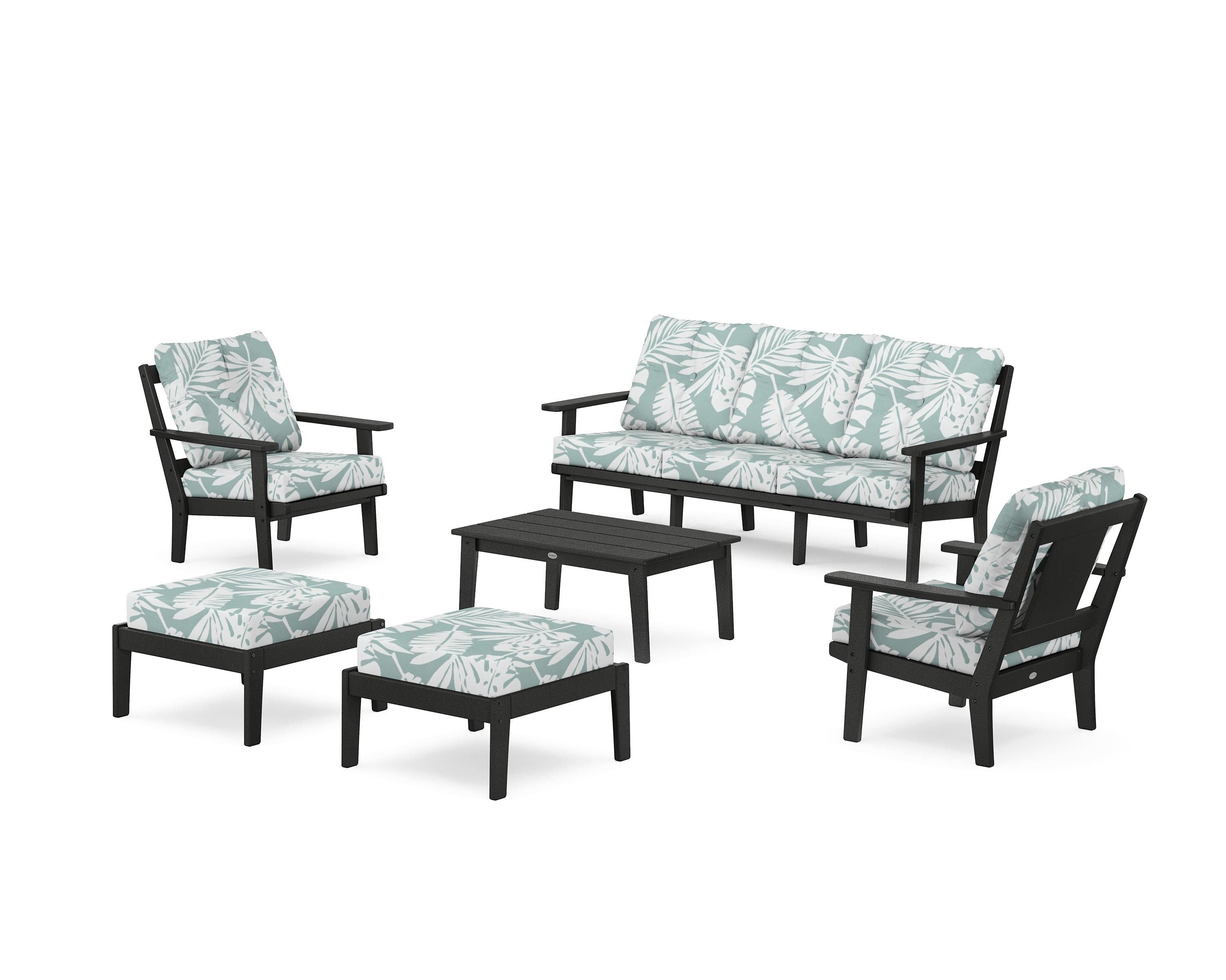 POLYWOOD Prairie 6-Piece Lounge Sofa Set in Black / Leaf Glacier Spa