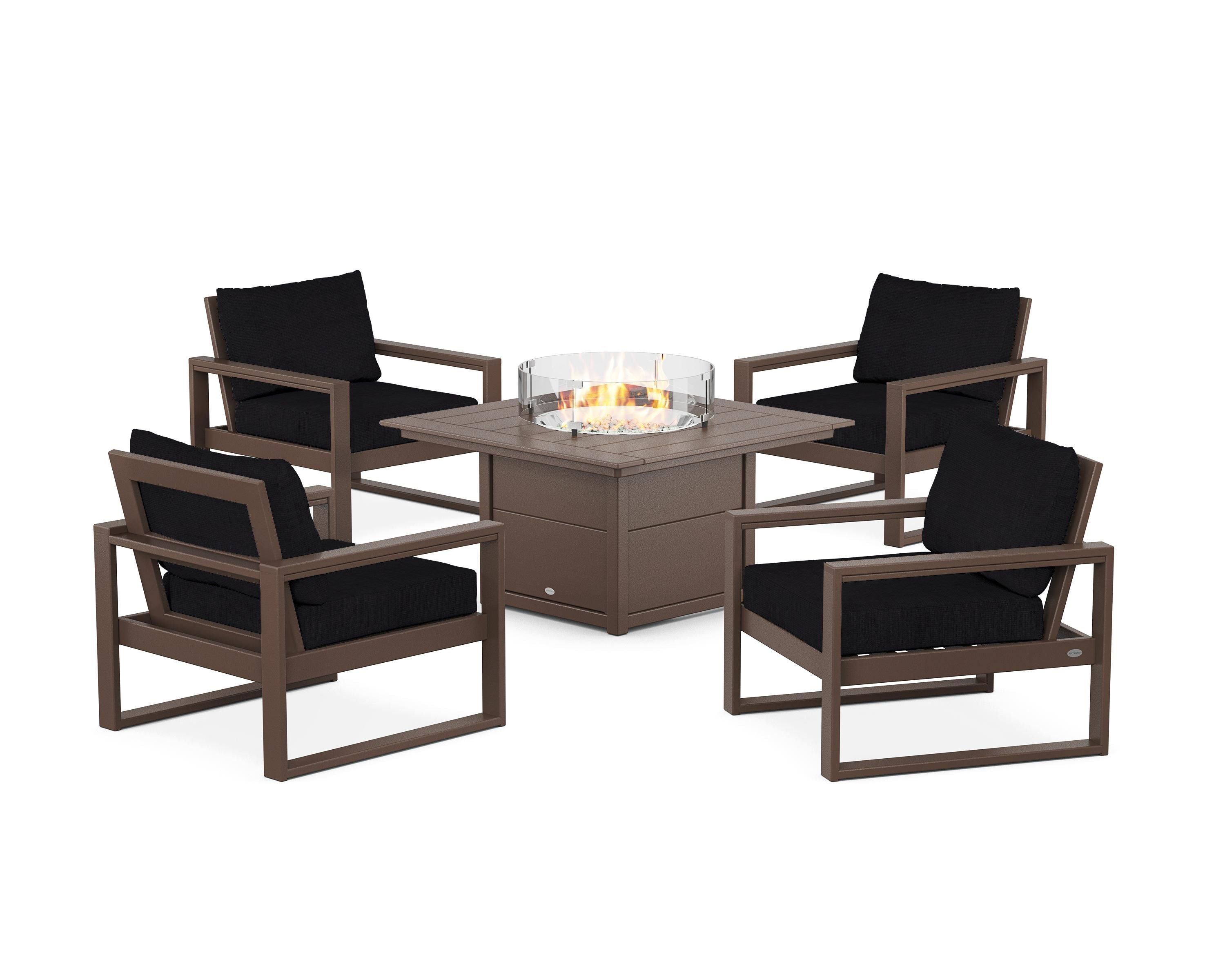 POLYWOOD EDGE Sectional 5-Piece Deep Seating Set with Fire Pit Table in Mahogany / Midnight Linen