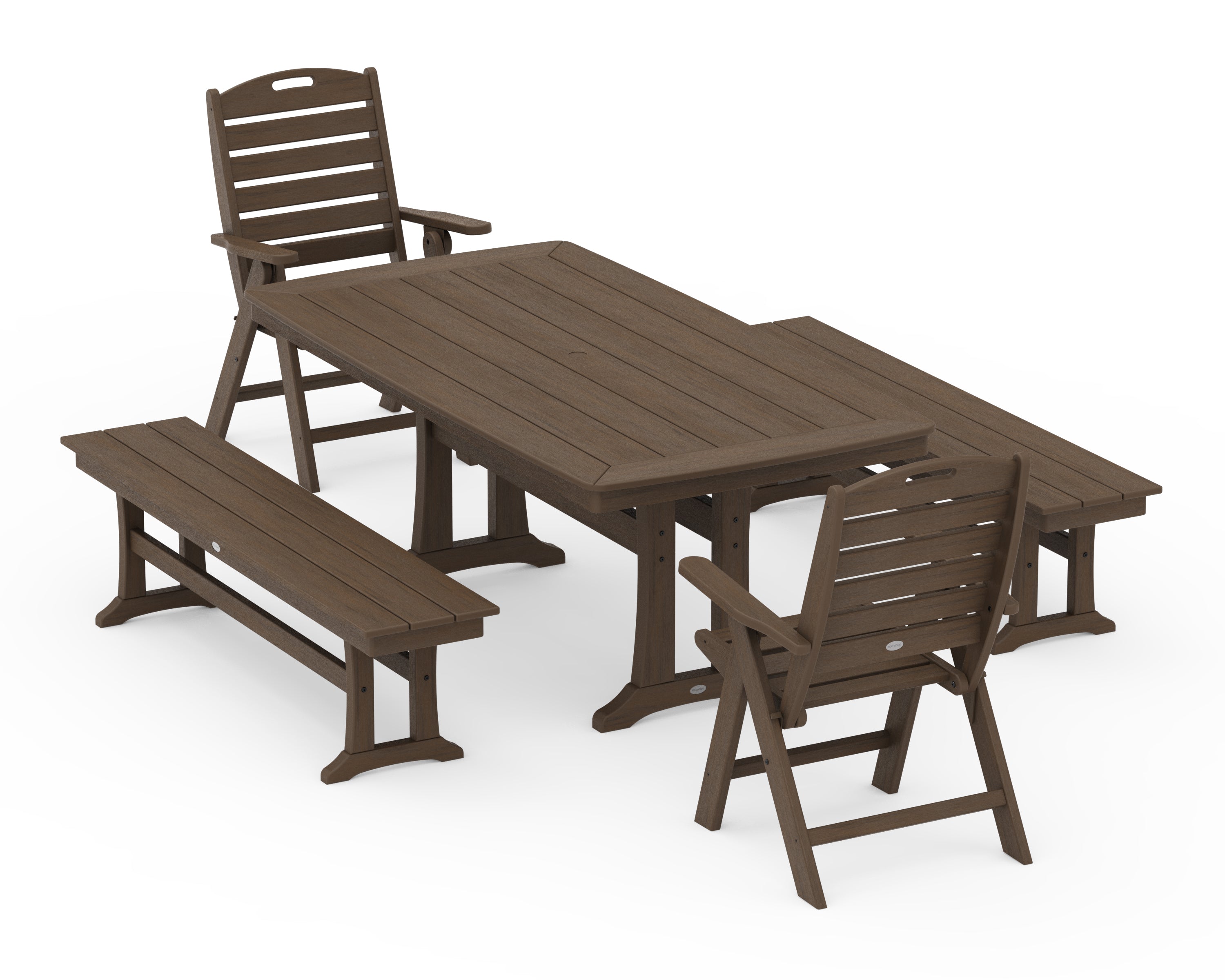 POLYWOOD Nautical Folding Highback Chair 5-Piece Dining Set with Trestle Legs and Benches in Kona