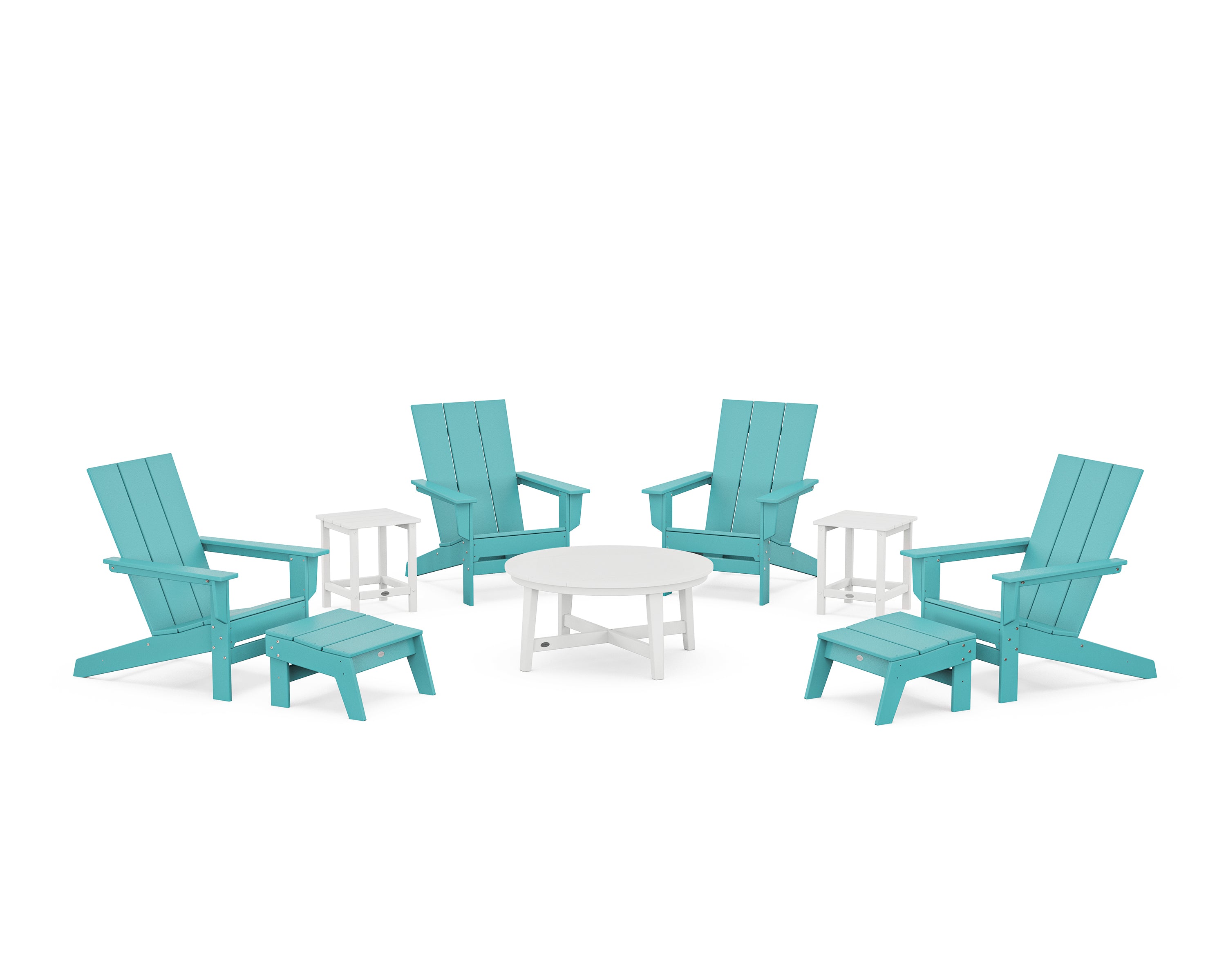 POLYWOOD® Modern Studio Adirondack 9-Piece Conversation Set in Aruba / White