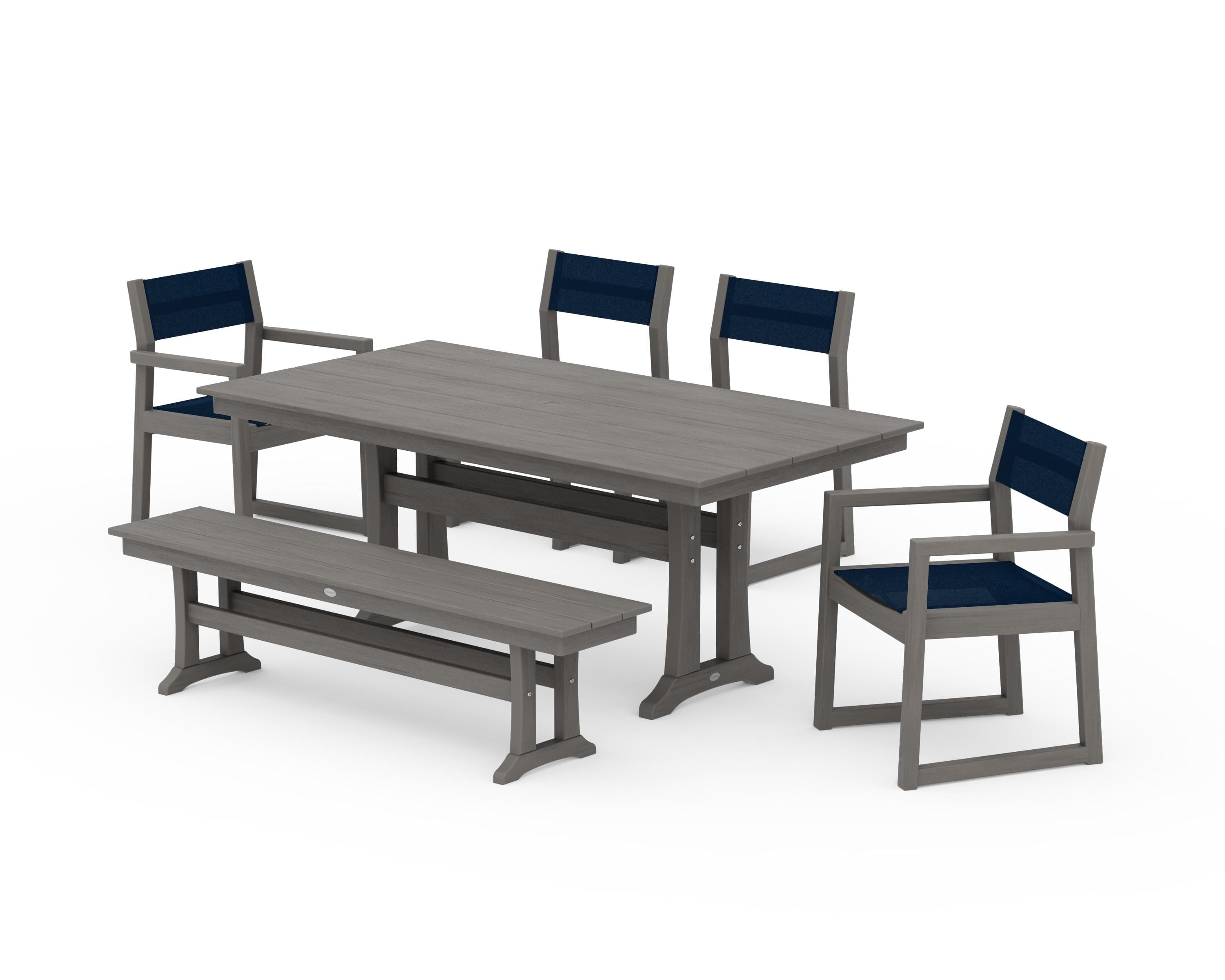 POLYWOOD EDGE Sling 6-Piece Farmhouse Dining Set With Trestle Legs in Driftwood / Navy Blue Sling